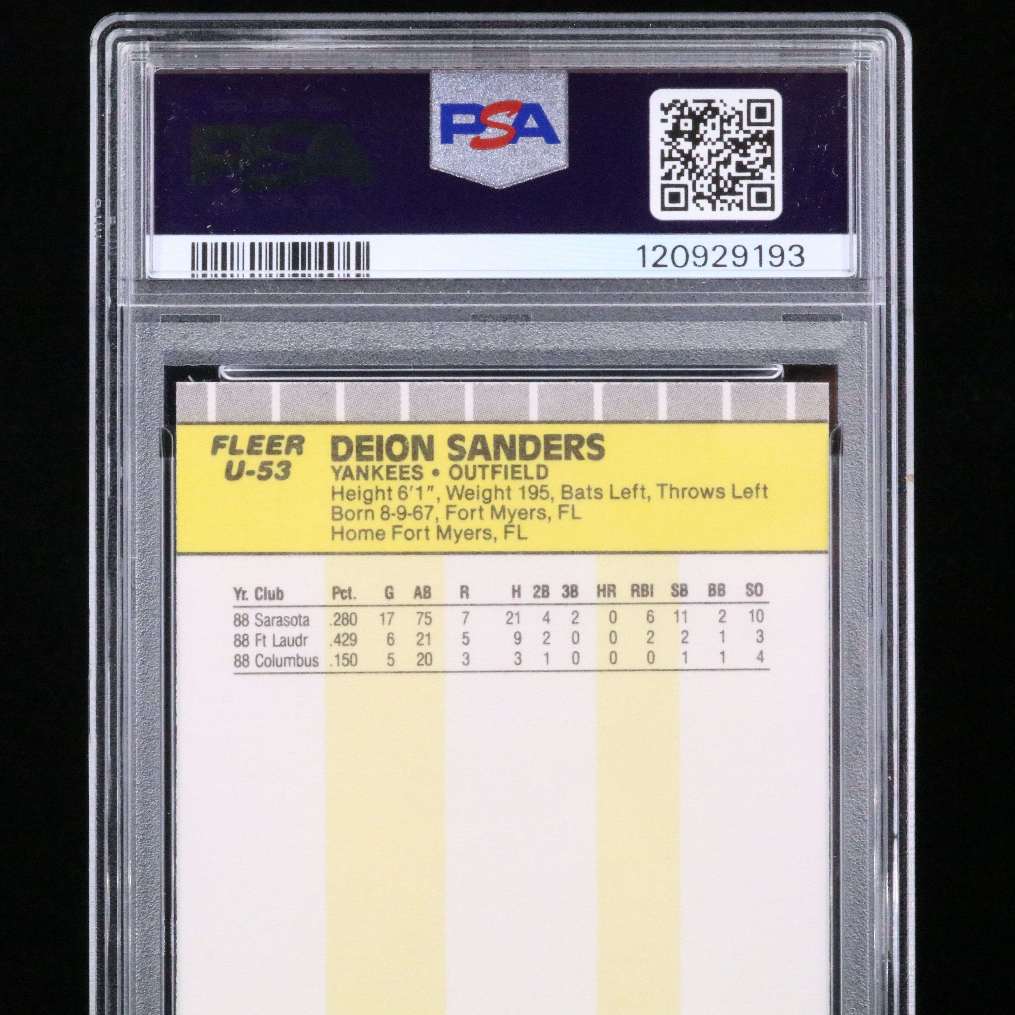 1989 Fleer Update Deion Sanders New York Yankees Rookie Card Graded PSA 10