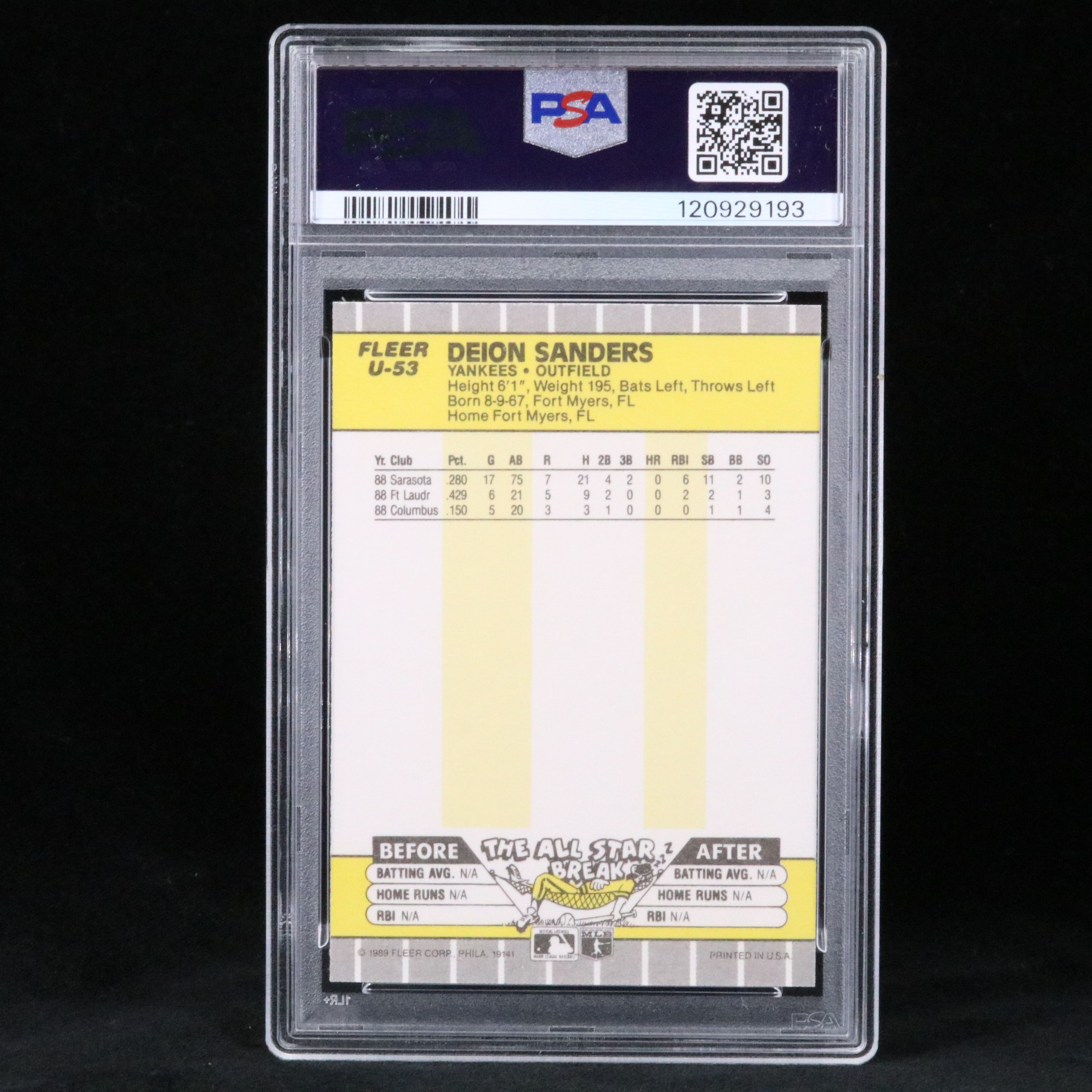 1989 Fleer Update Deion Sanders New York Yankees Rookie Card Graded PSA 10