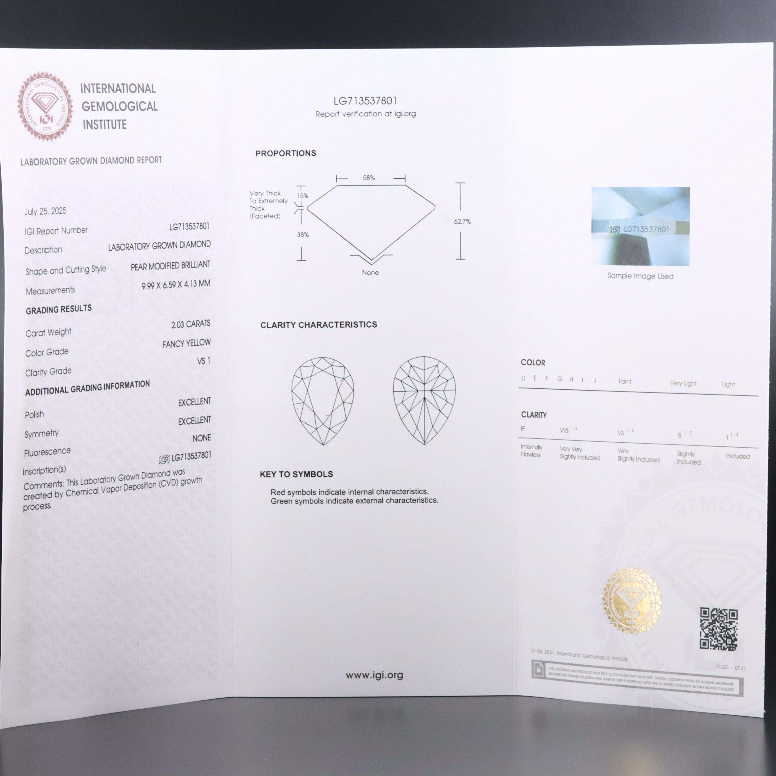Loose 2.03 CT Lab Grown Fancy Yellow Diamond with IGI Report