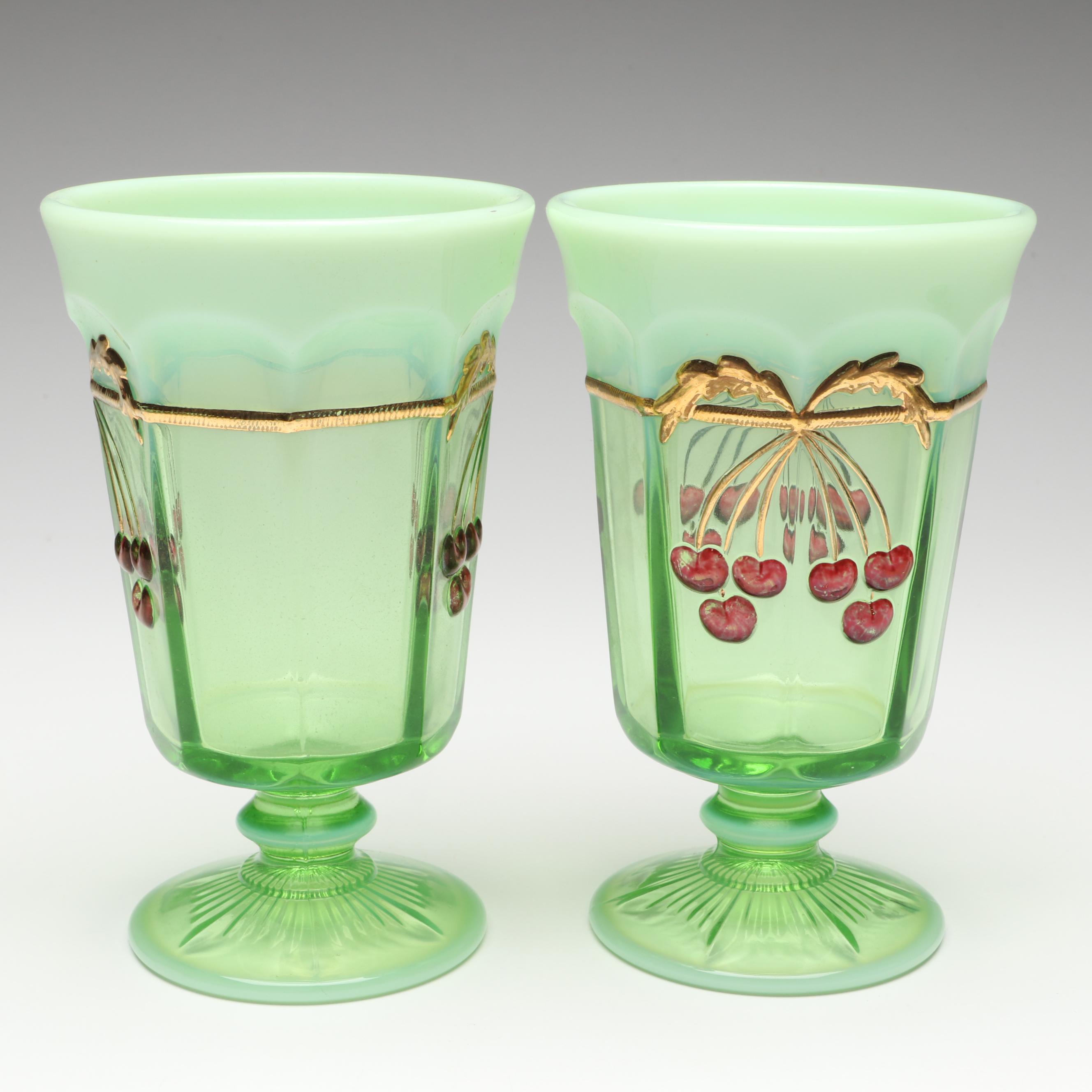 Mosser "Cherry Thumbprint" Green Opalescent Decorated Iced Tea Glasses