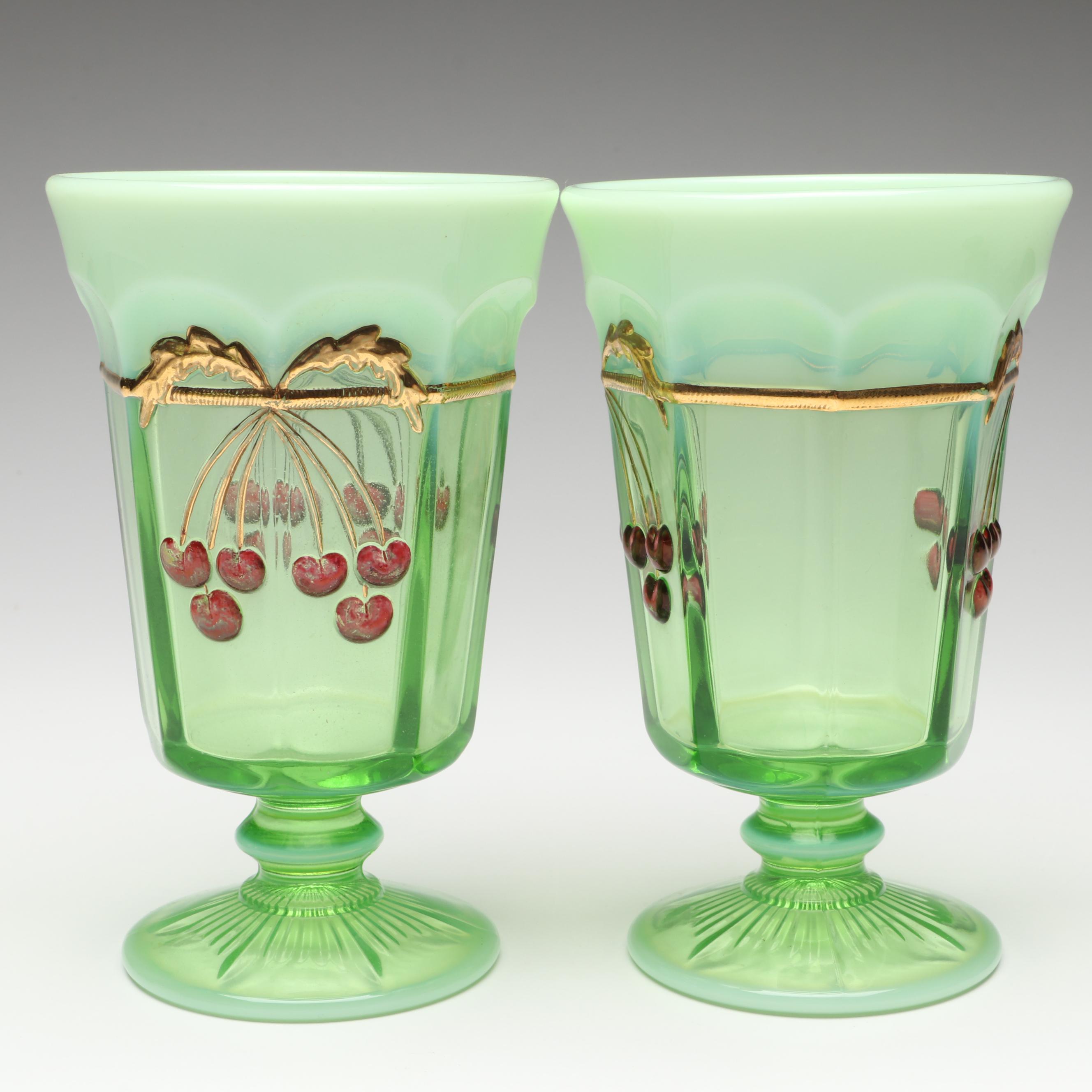 Mosser "Cherry Thumbprint" Green Opalescent Decorated Iced Tea Glasses