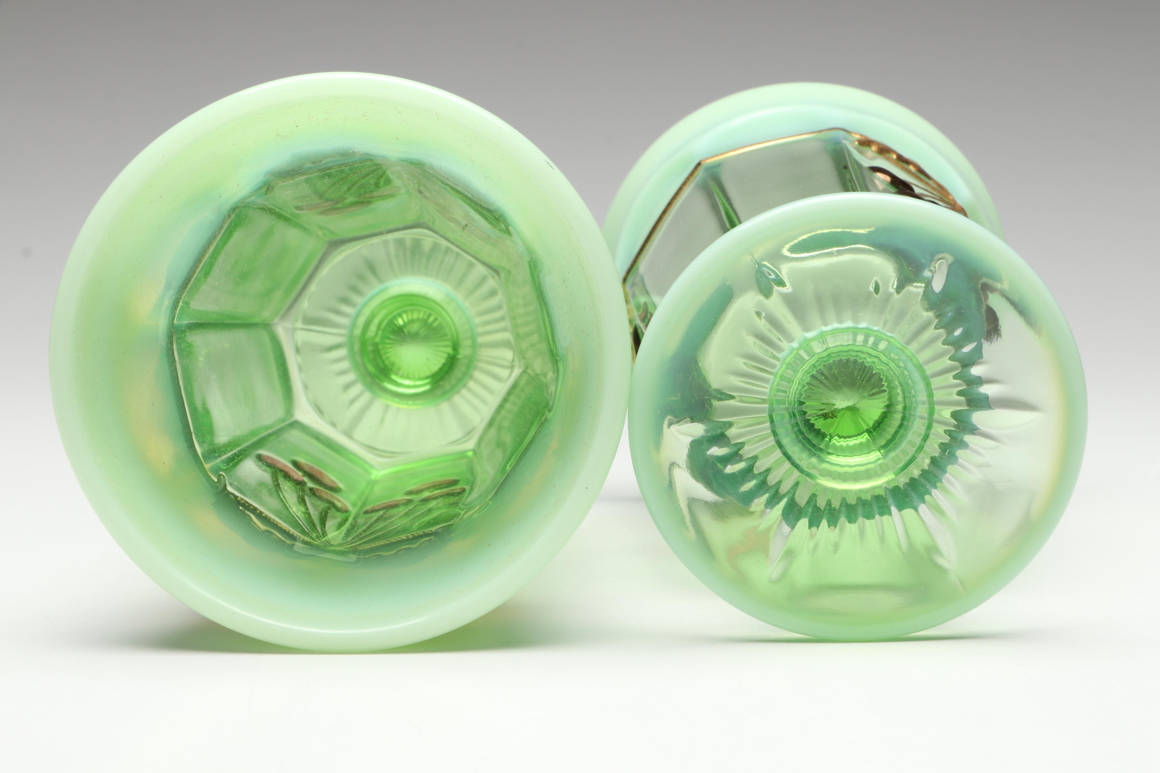 Mosser "Cherry Thumbprint" Green Opalescent Decorated Iced Tea Glasses