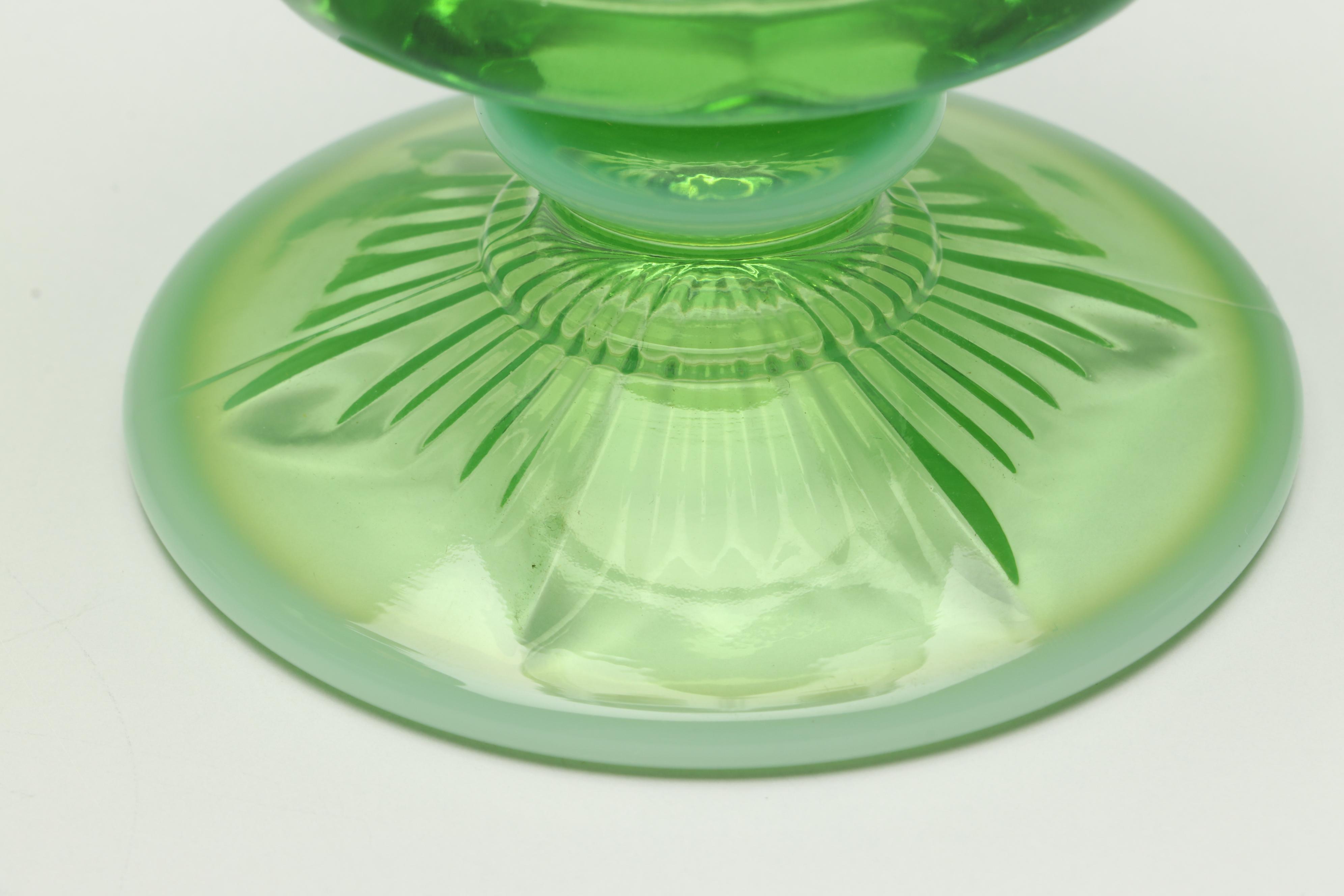 Mosser "Cherry Thumbprint" Green Opalescent Decorated Iced Tea Glasses