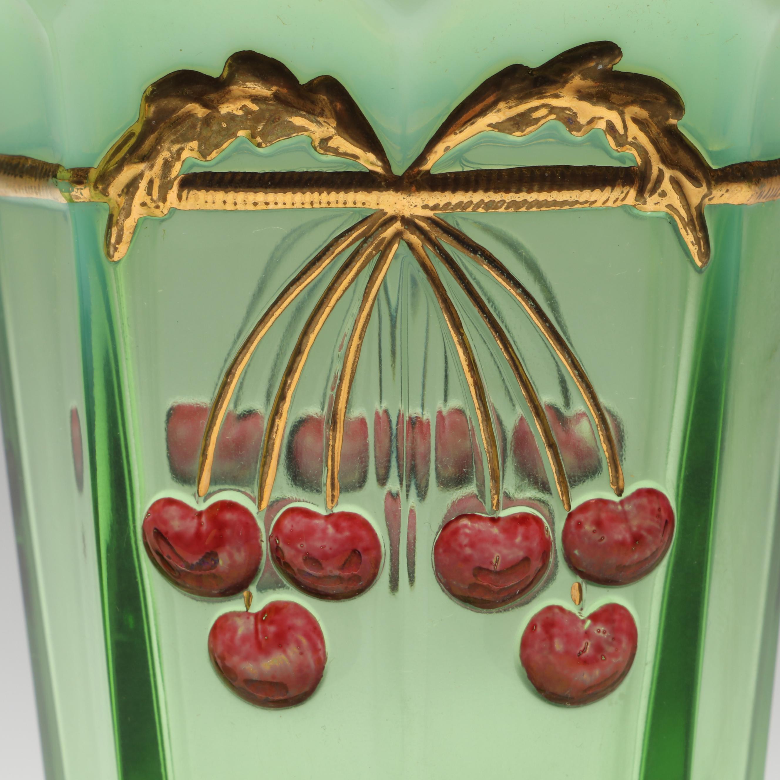 Mosser "Cherry Thumbprint" Green Opalescent Decorated Iced Tea Glasses