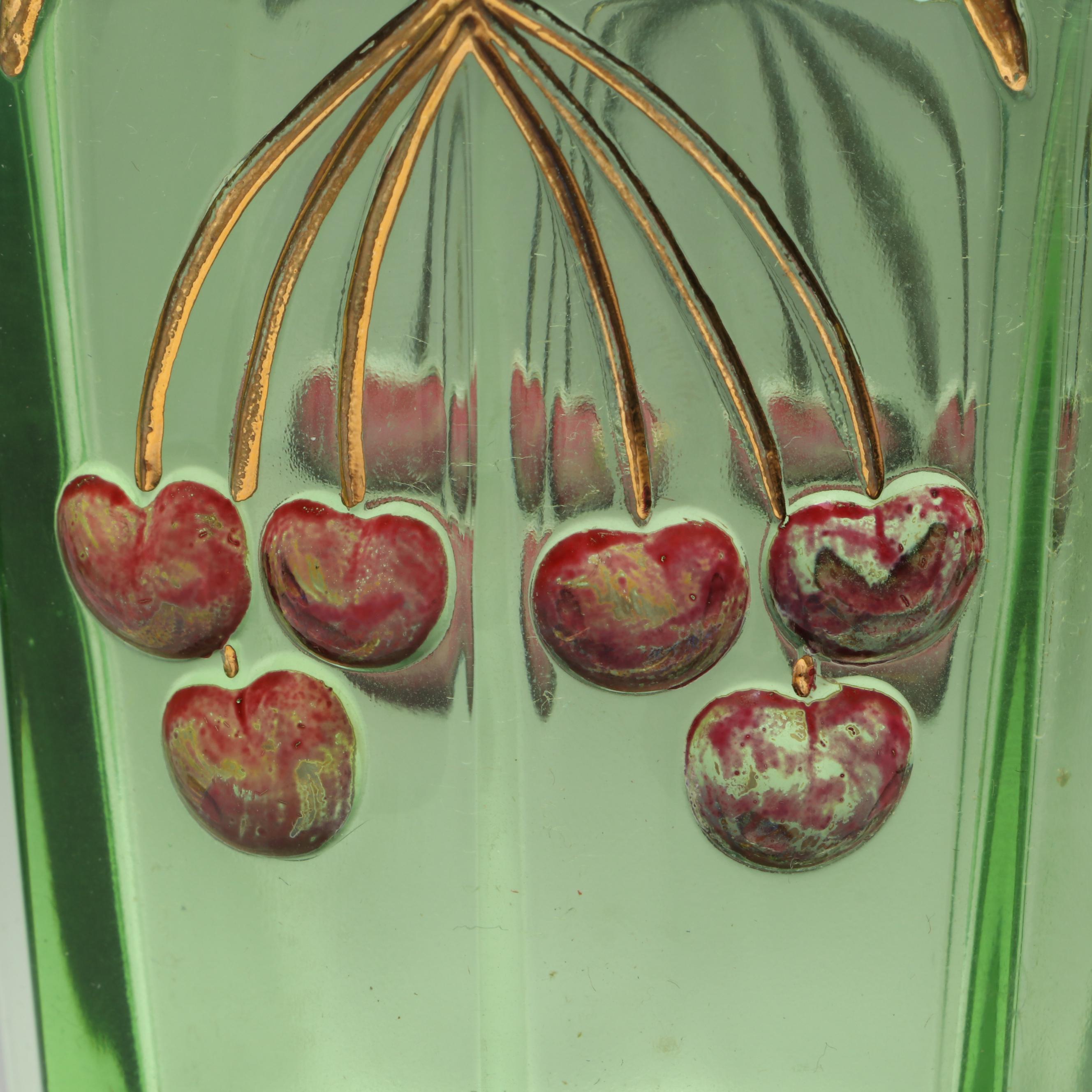 Mosser "Cherry Thumbprint" Green Opalescent Decorated Iced Tea Glasses