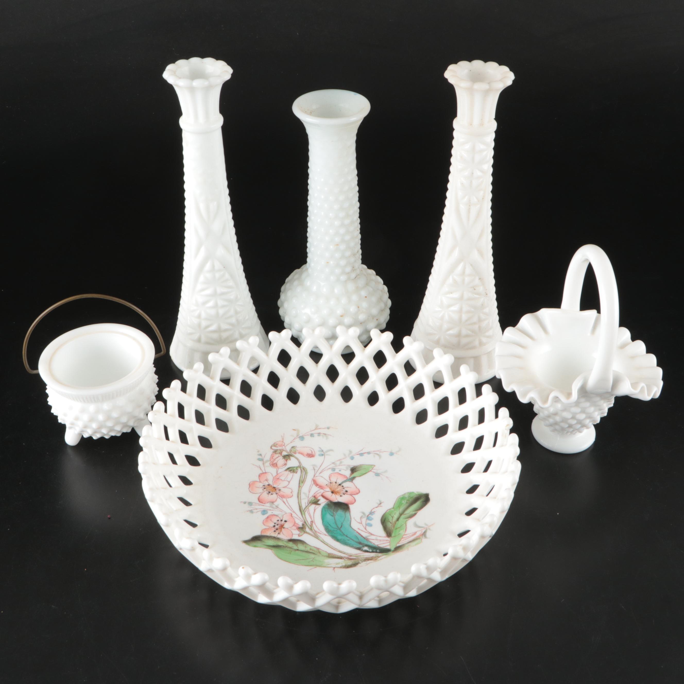 Milk Glass Centerpiece, Bowl and Vases, Early to Mid-20th Century