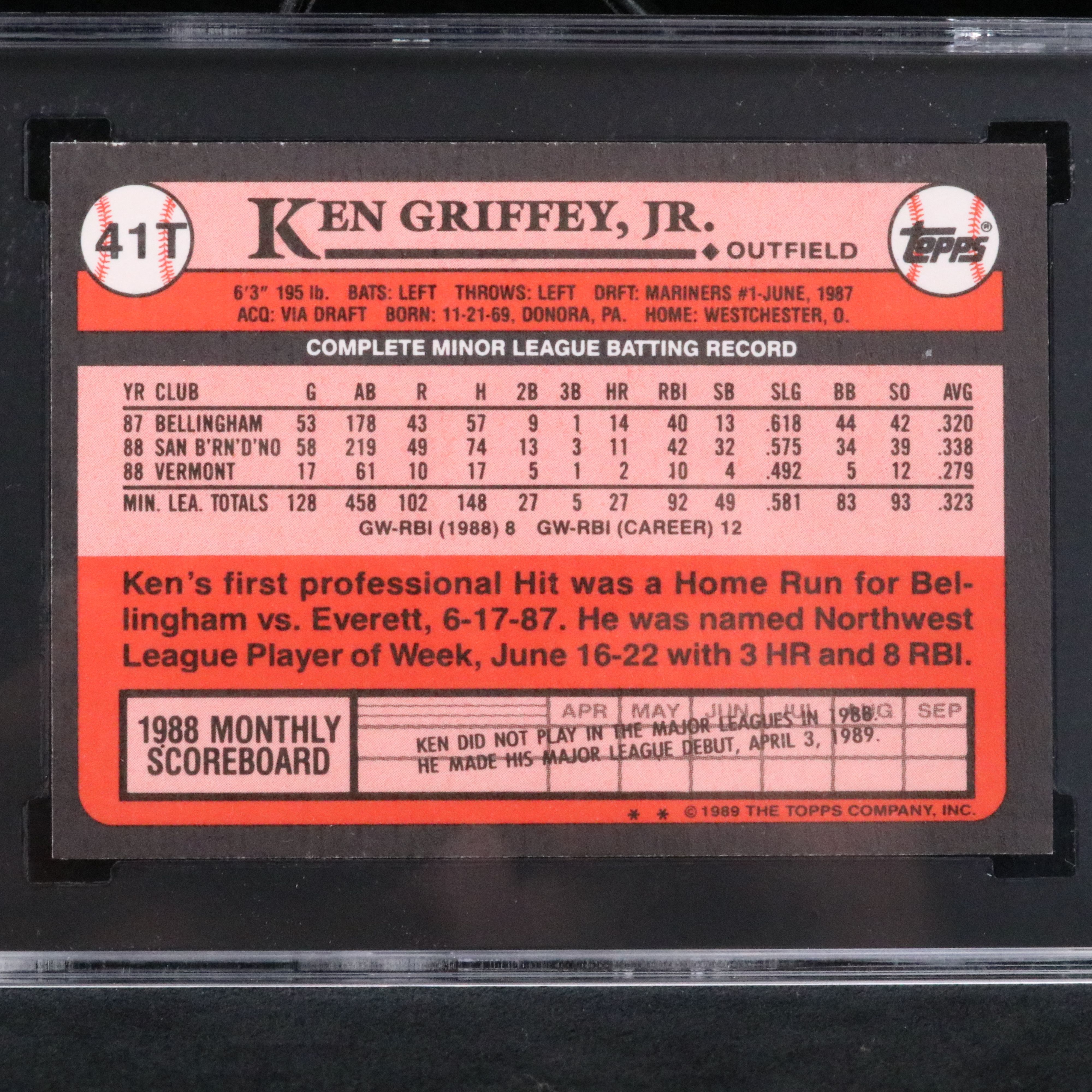 1989 Topps Traded Ken Griffey Jr. Seattle Mariners Rookie Card Graded SGC 9