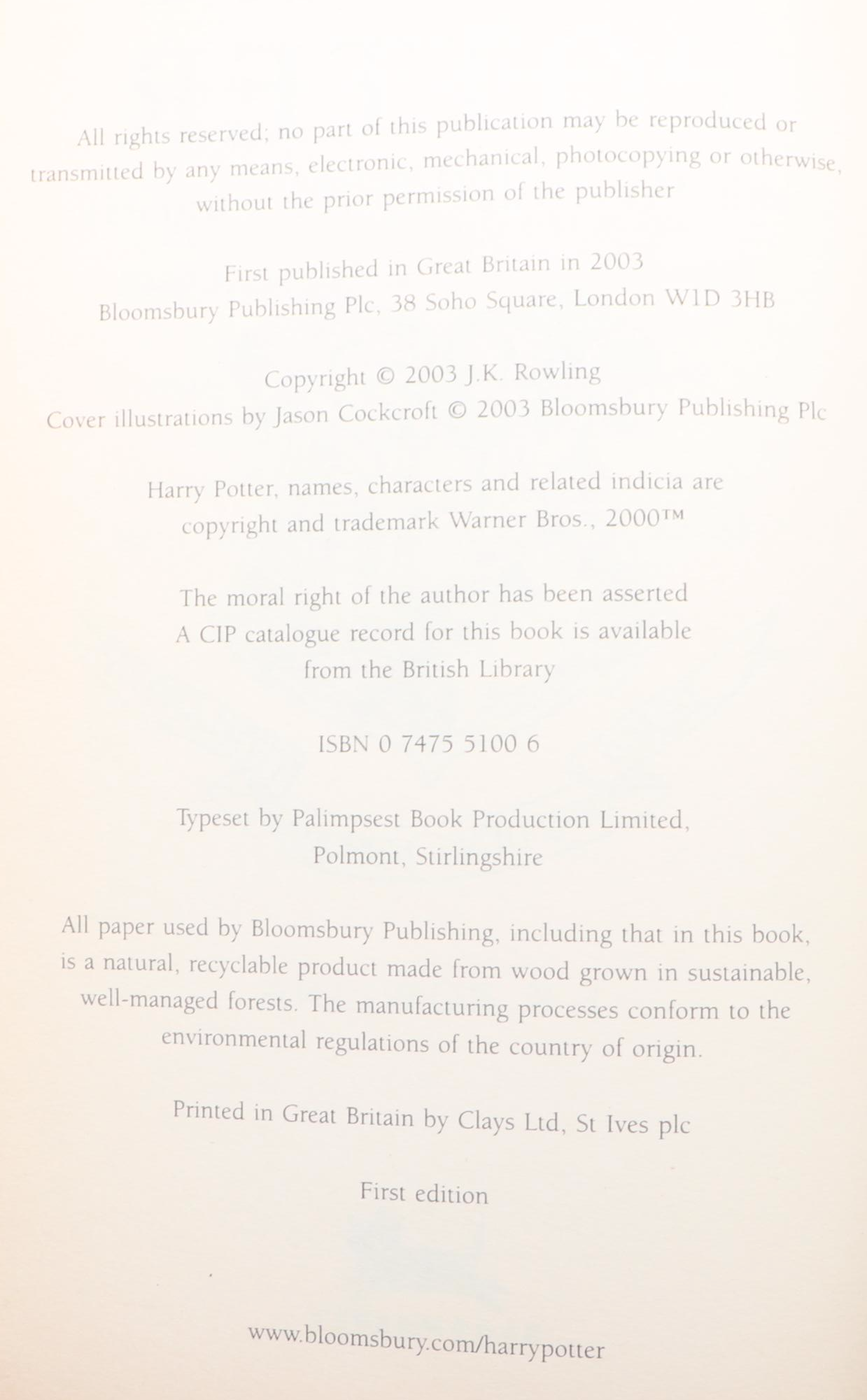 First UK Edition "Harry Potter and the Order of the Phoenix" by J. K. Rowling