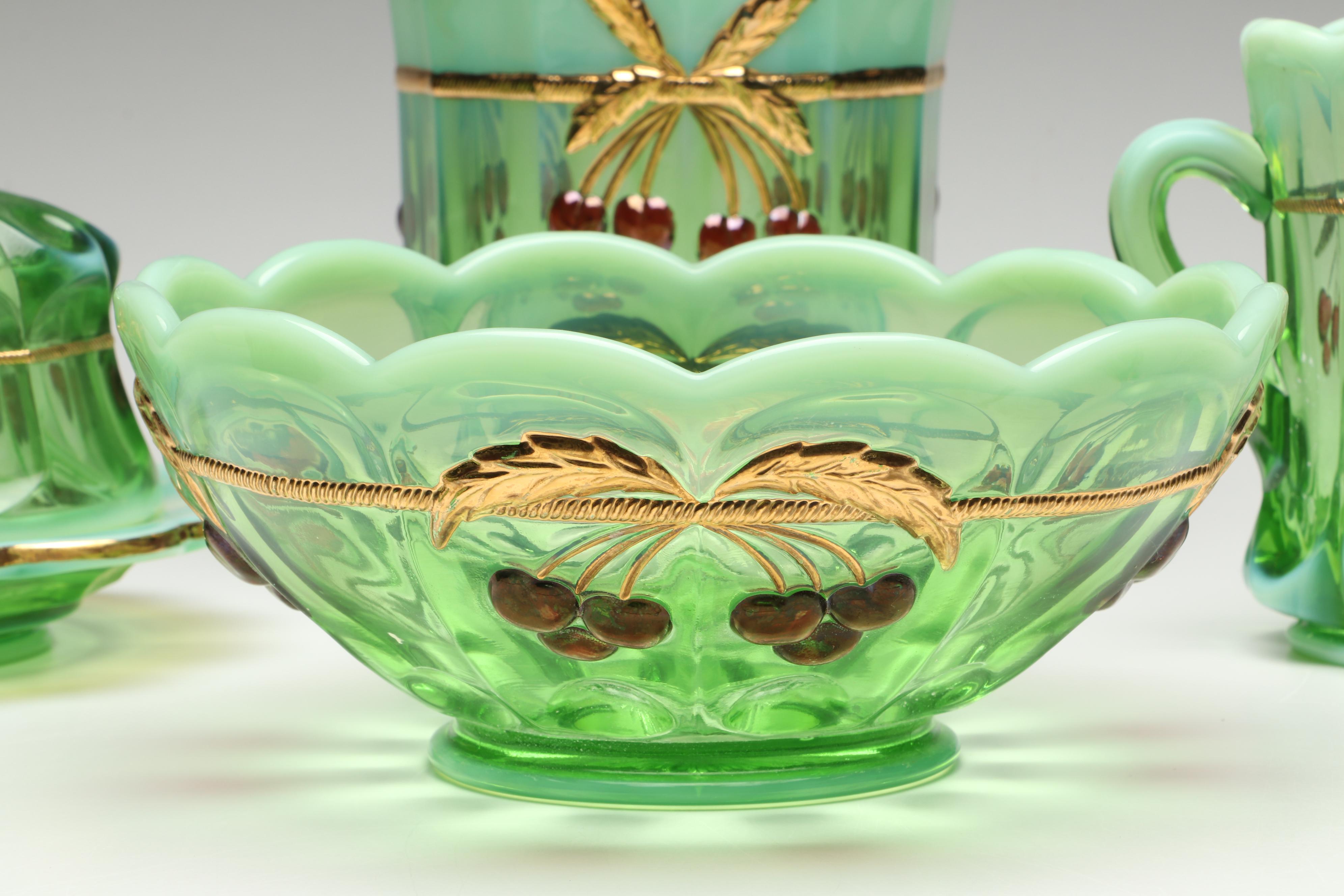 Mosser "Cherry Thumbprint" Green Opalescent Decorated Cookie Jar and Serveware