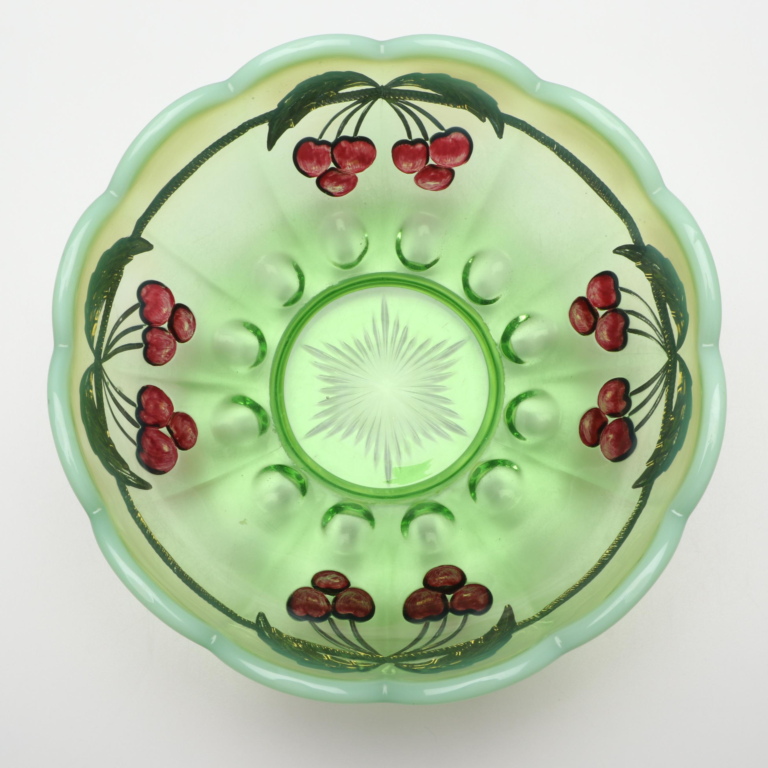 Mosser "Cherry Thumbprint" Green Opalescent Decorated Cookie Jar and Serveware