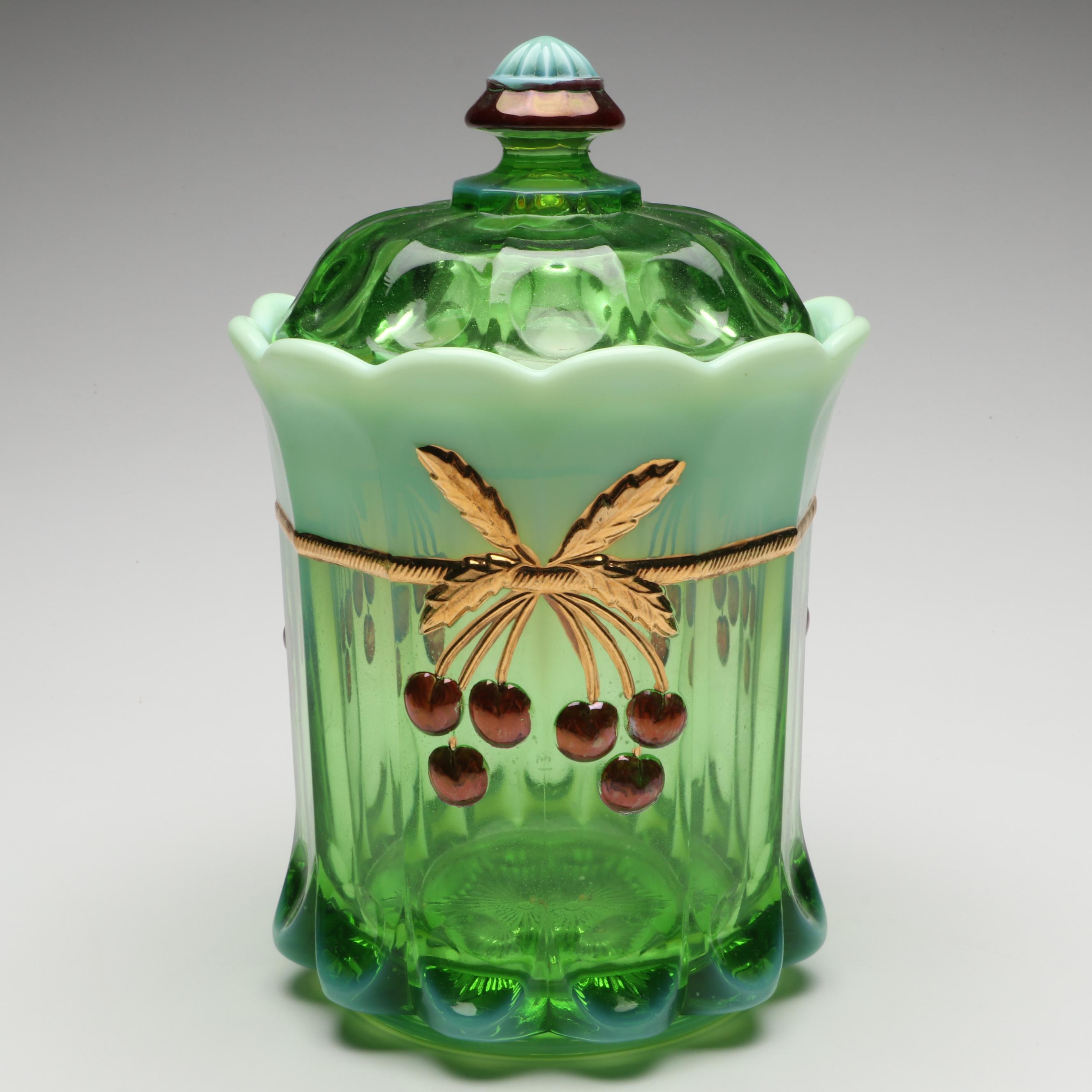 Mosser "Cherry Thumbprint" Green Opalescent Decorated Cookie Jar and Serveware