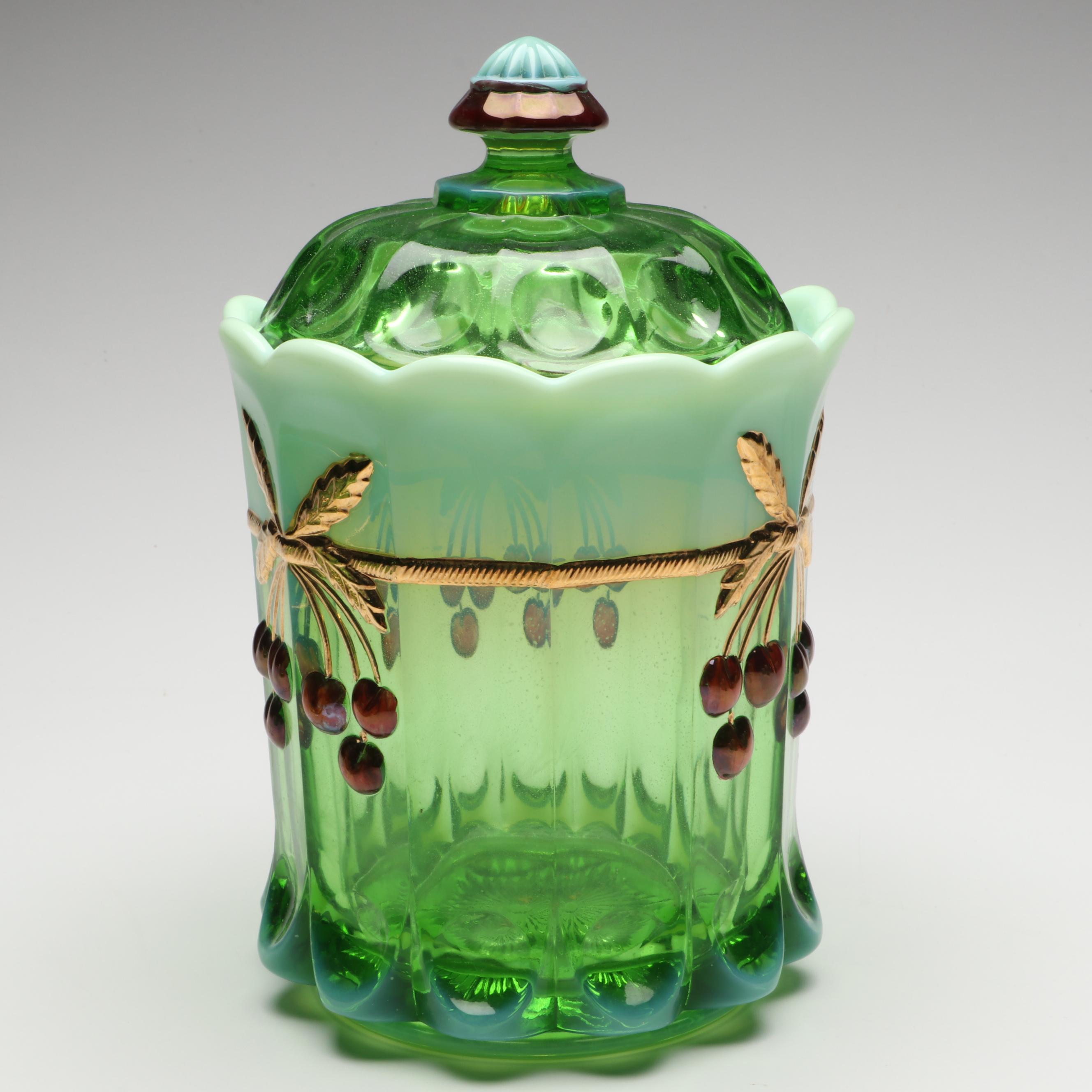 Mosser "Cherry Thumbprint" Green Opalescent Decorated Cookie Jar and Serveware