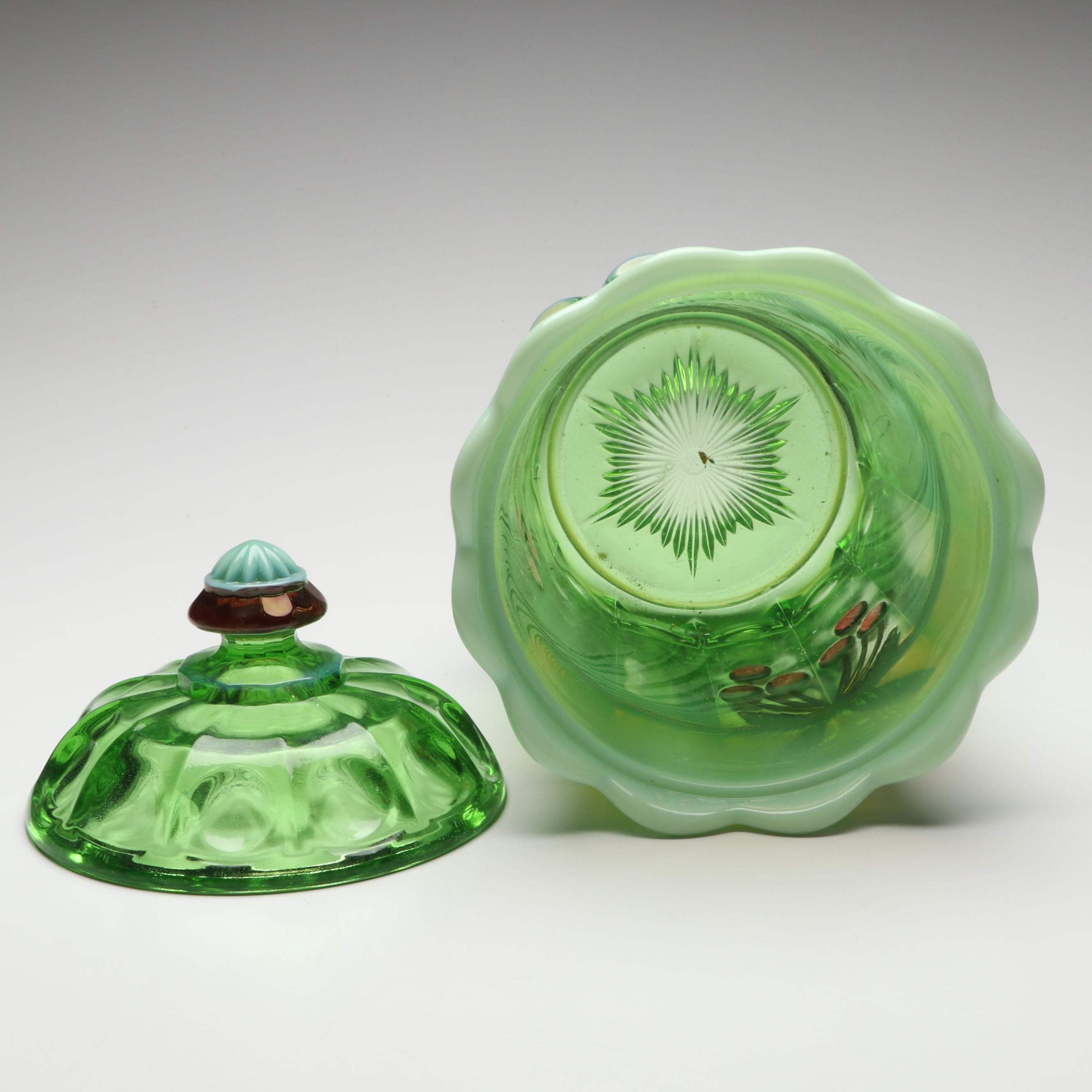 Mosser "Cherry Thumbprint" Green Opalescent Decorated Cookie Jar and Serveware