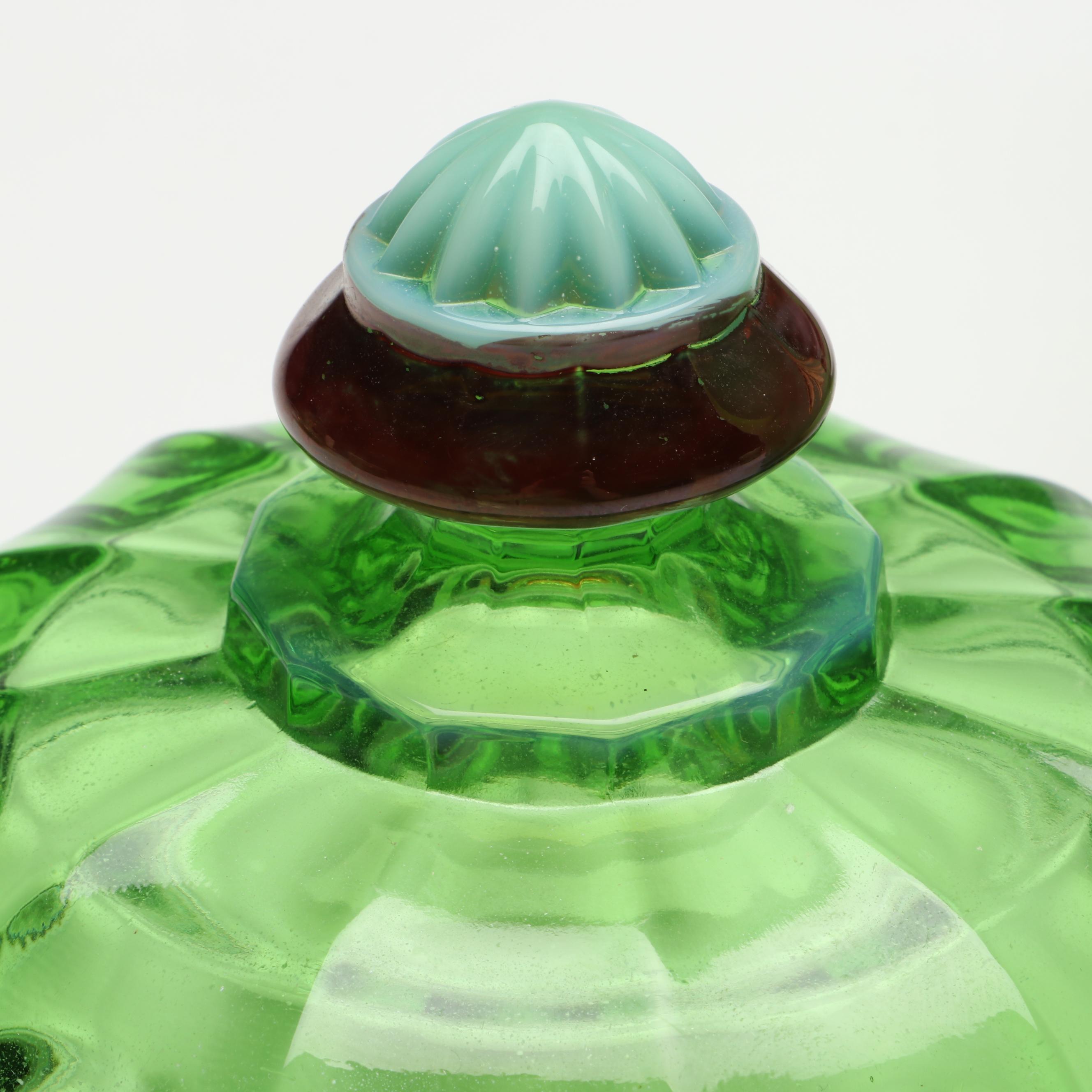 Mosser "Cherry Thumbprint" Green Opalescent Decorated Cookie Jar and Serveware