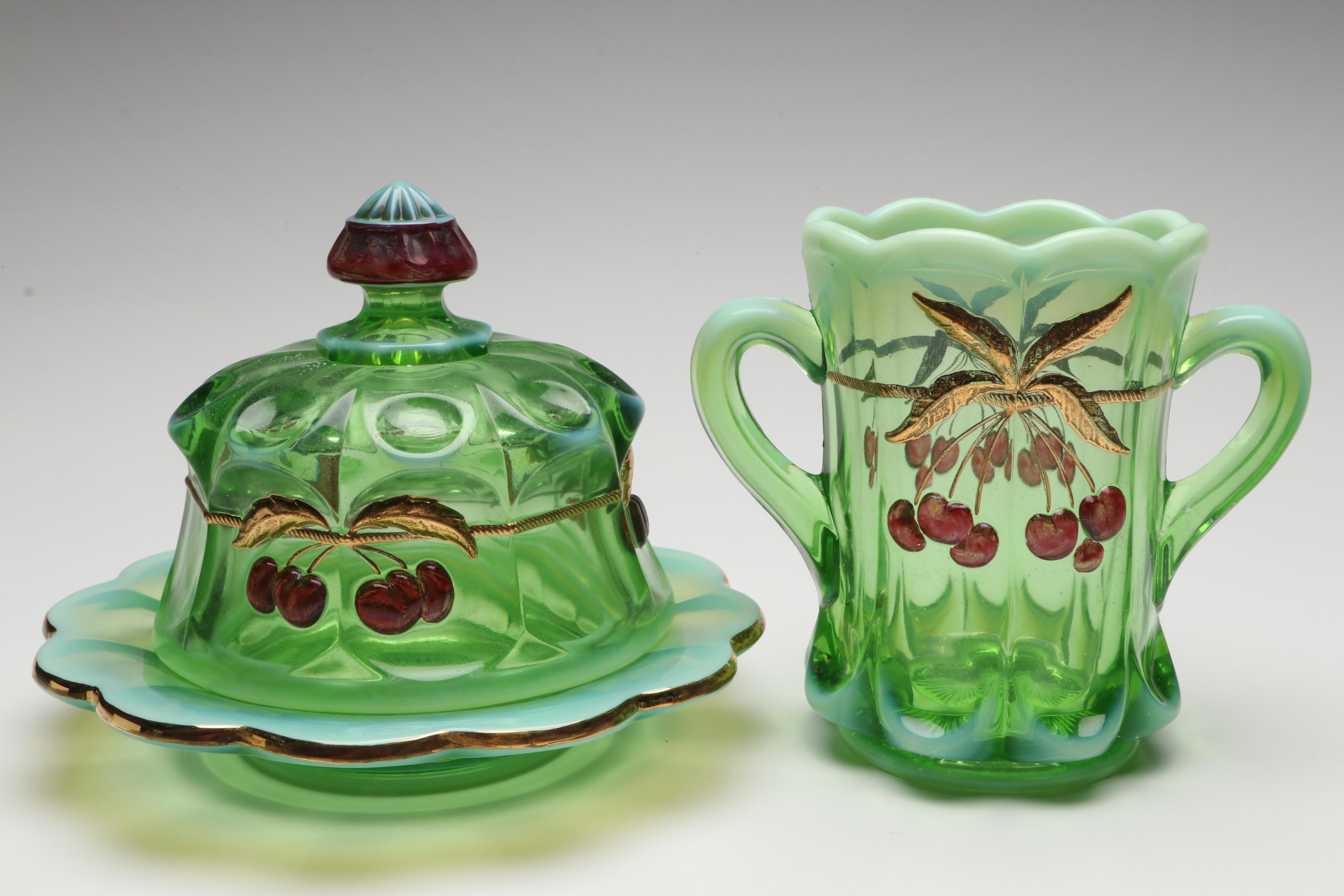 Mosser "Cherry Thumbprint" Green Opalescent Decorated Cookie Jar and Serveware