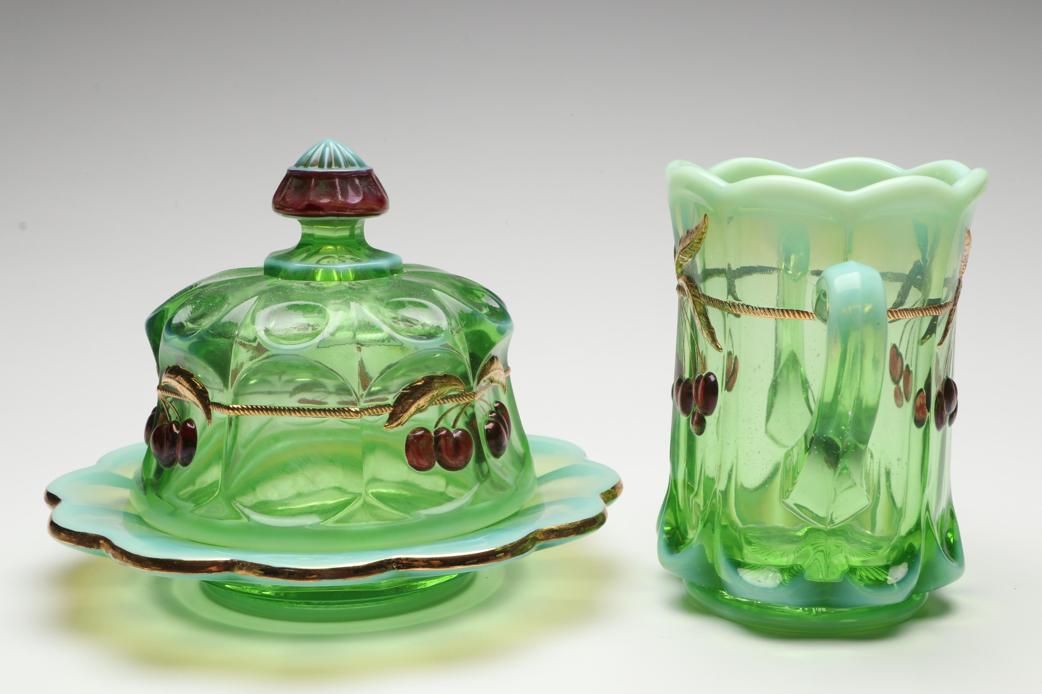 Mosser "Cherry Thumbprint" Green Opalescent Decorated Cookie Jar and Serveware