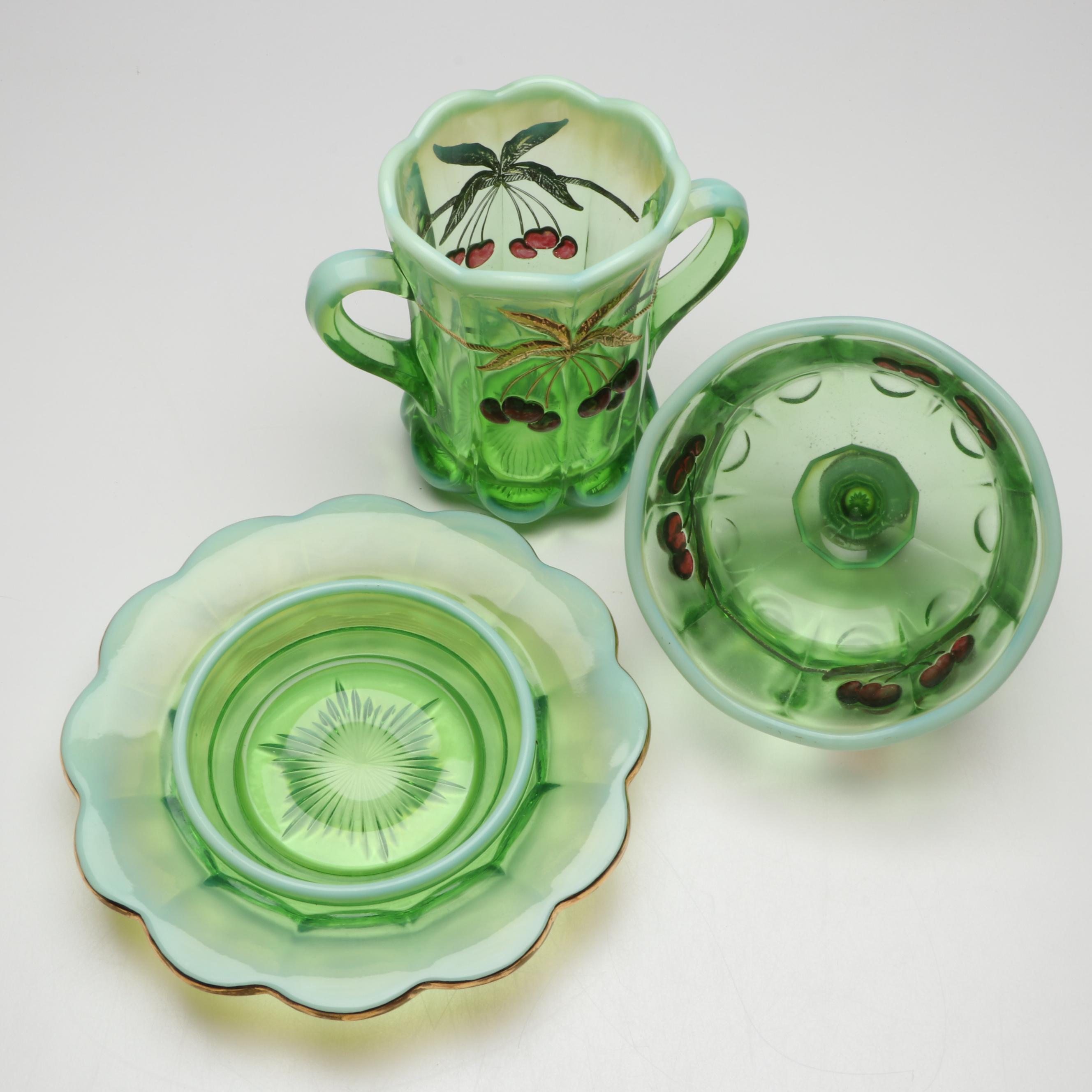 Mosser "Cherry Thumbprint" Green Opalescent Decorated Cookie Jar and Serveware