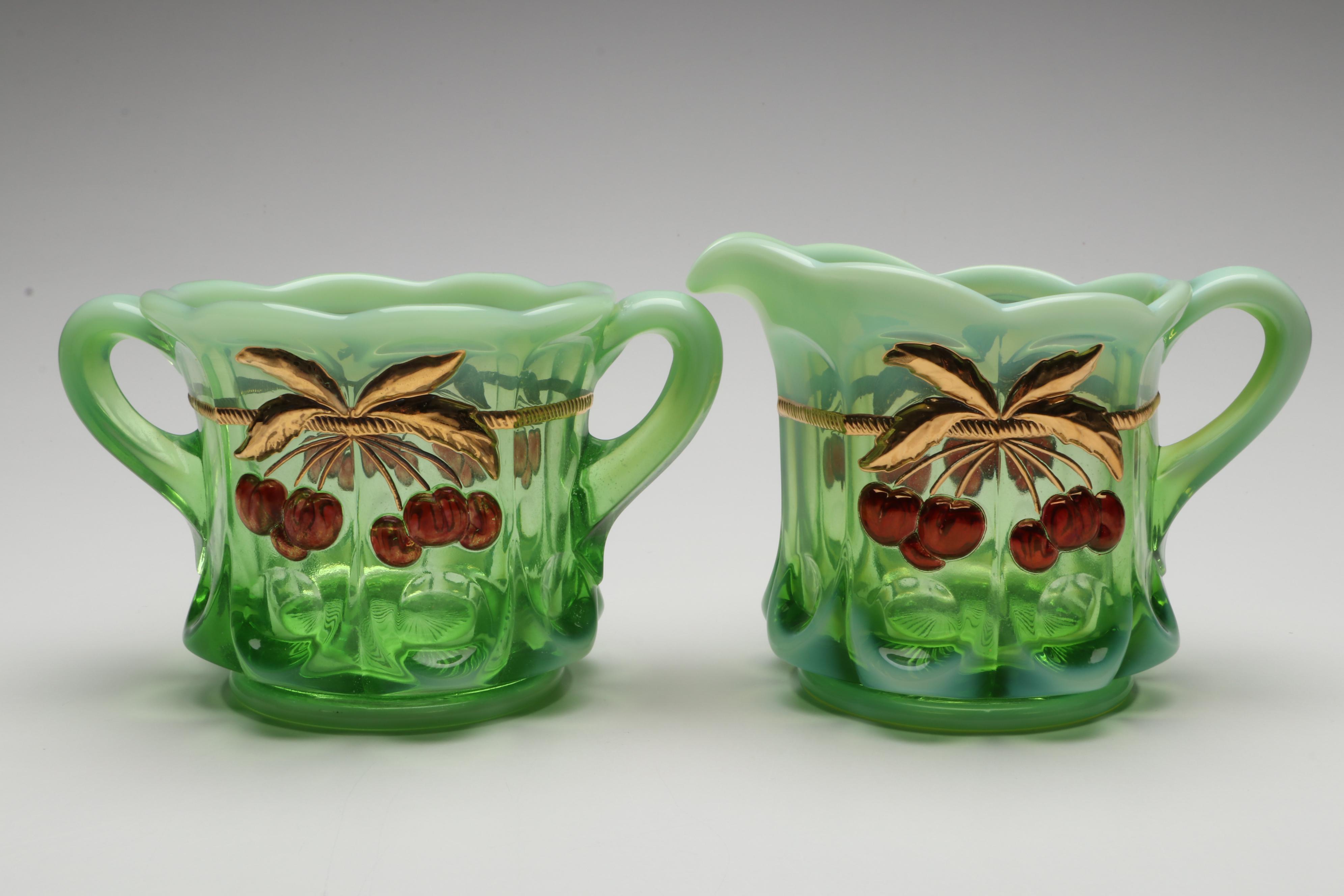 Mosser "Cherry Thumbprint" Green Opalescent Decorated Cookie Jar and Serveware