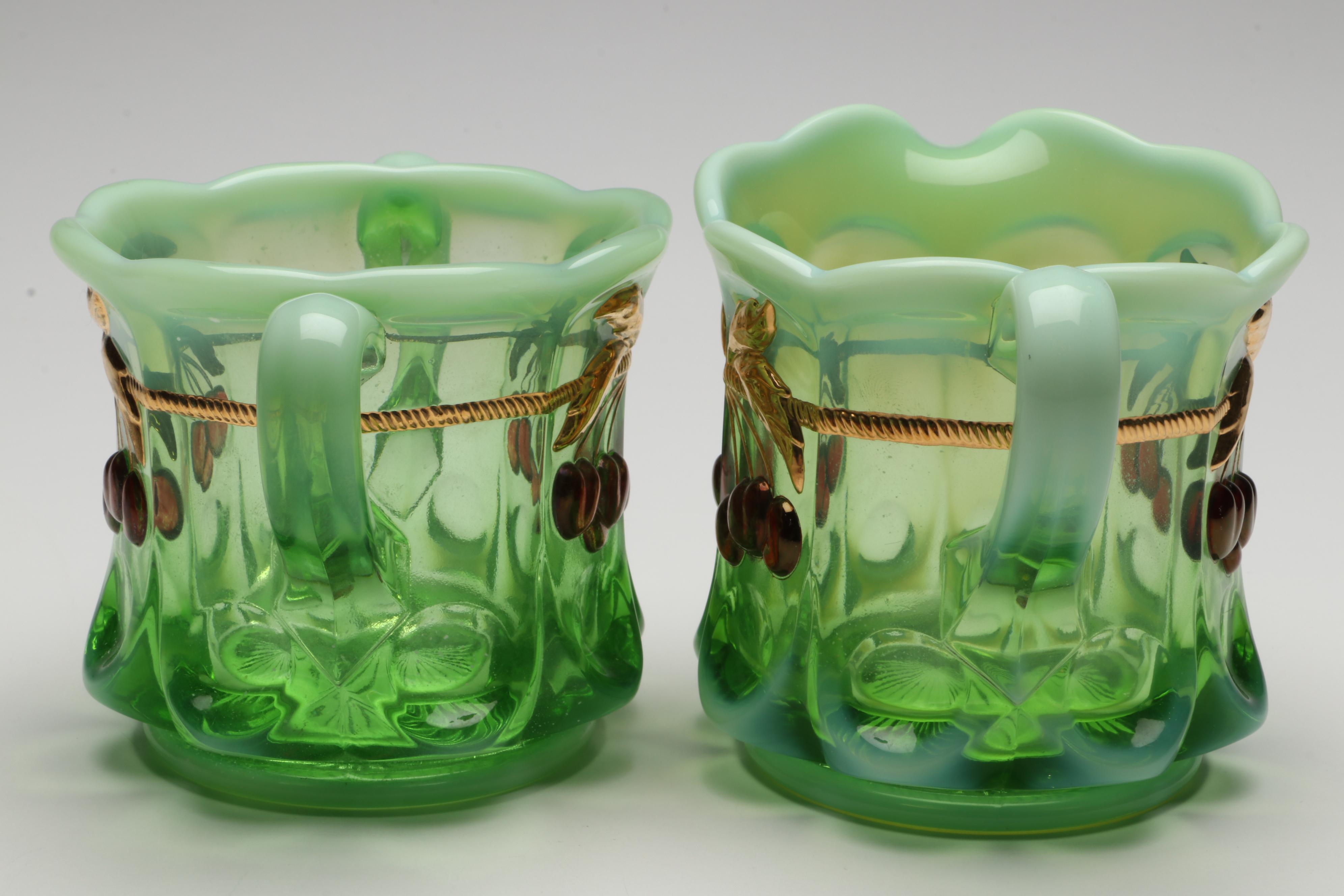 Mosser "Cherry Thumbprint" Green Opalescent Decorated Cookie Jar and Serveware