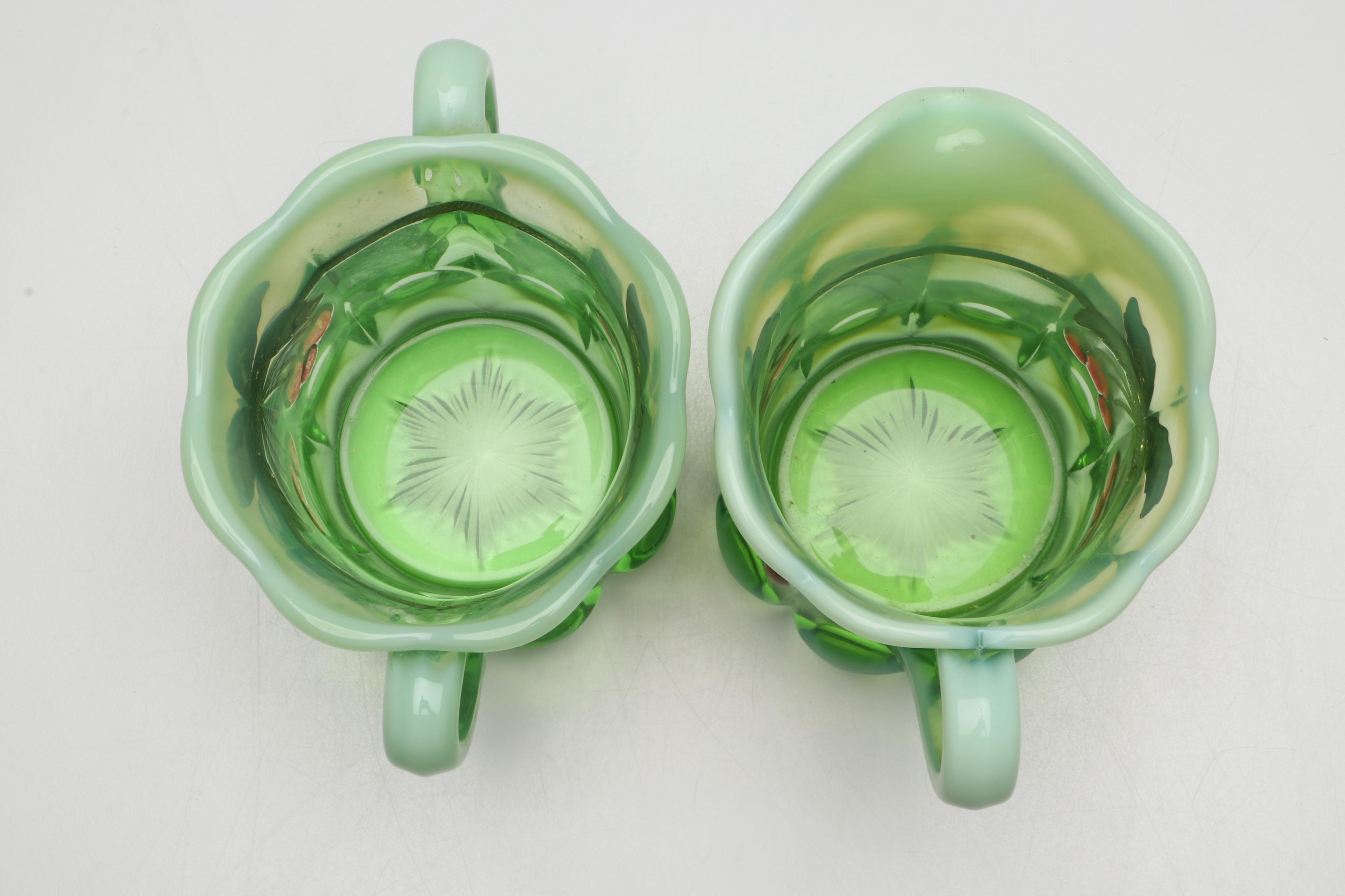 Mosser "Cherry Thumbprint" Green Opalescent Decorated Cookie Jar and Serveware