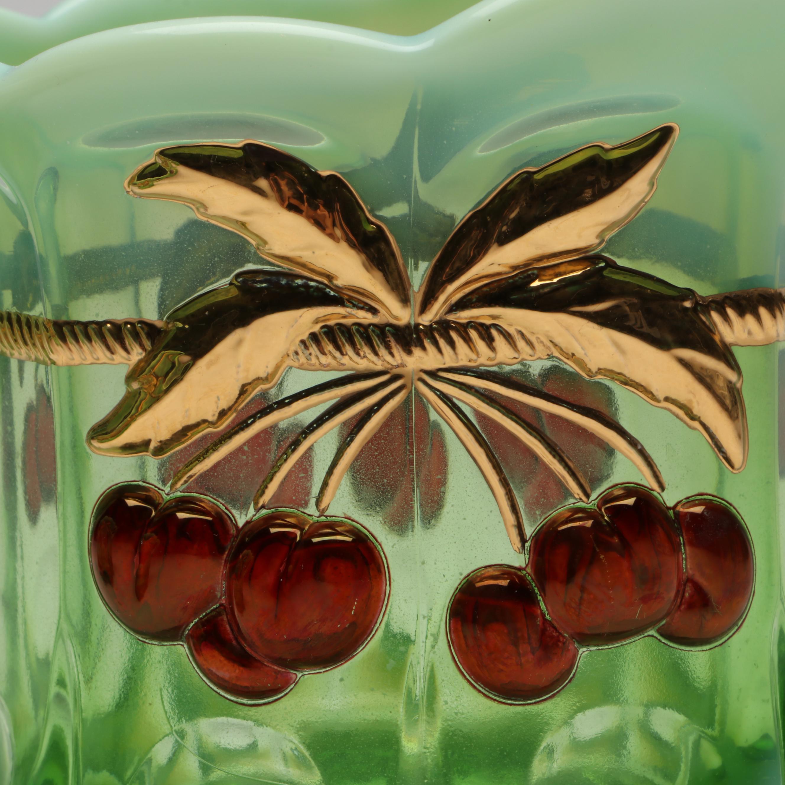 Mosser "Cherry Thumbprint" Green Opalescent Decorated Cookie Jar and Serveware