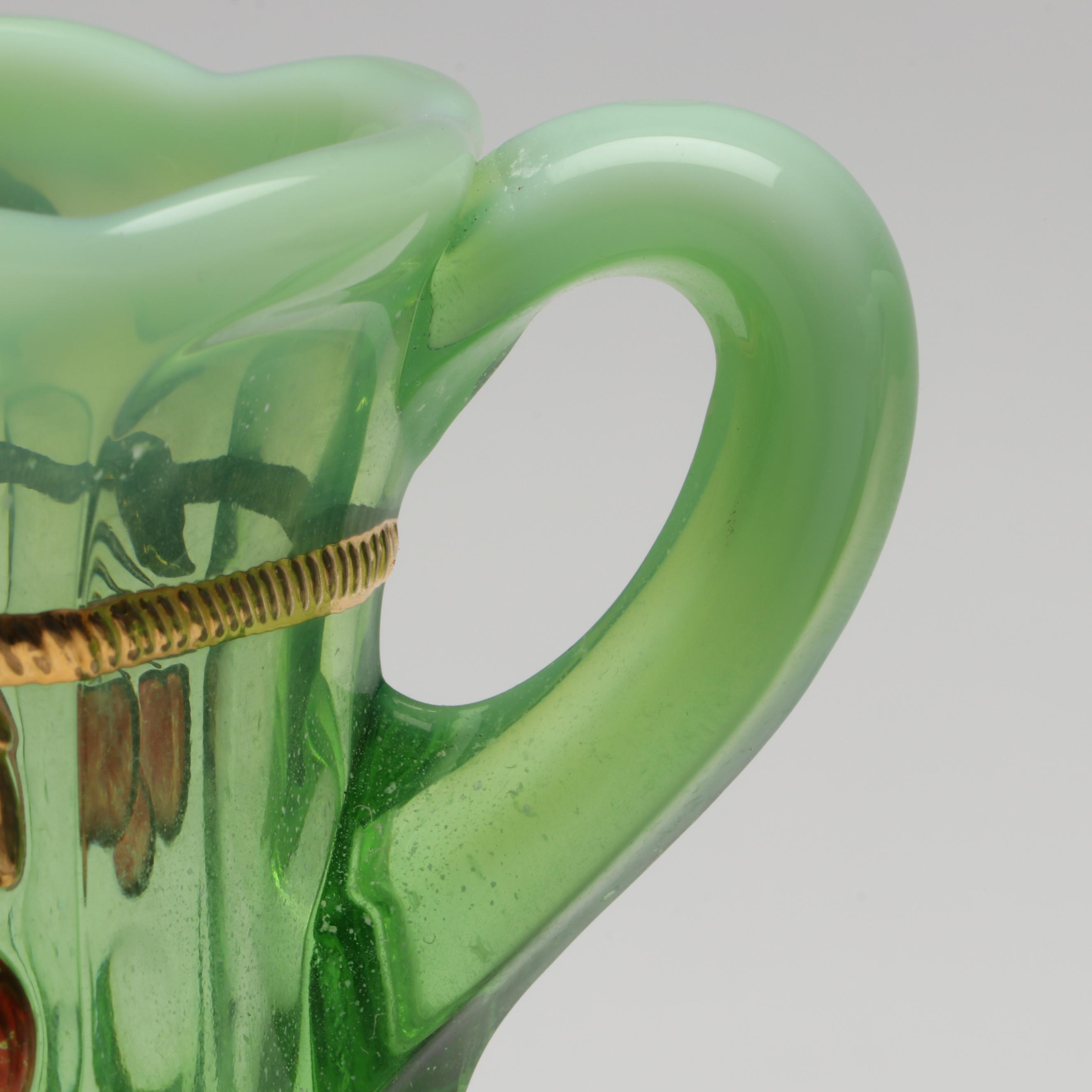 Mosser "Cherry Thumbprint" Green Opalescent Decorated Cookie Jar and Serveware