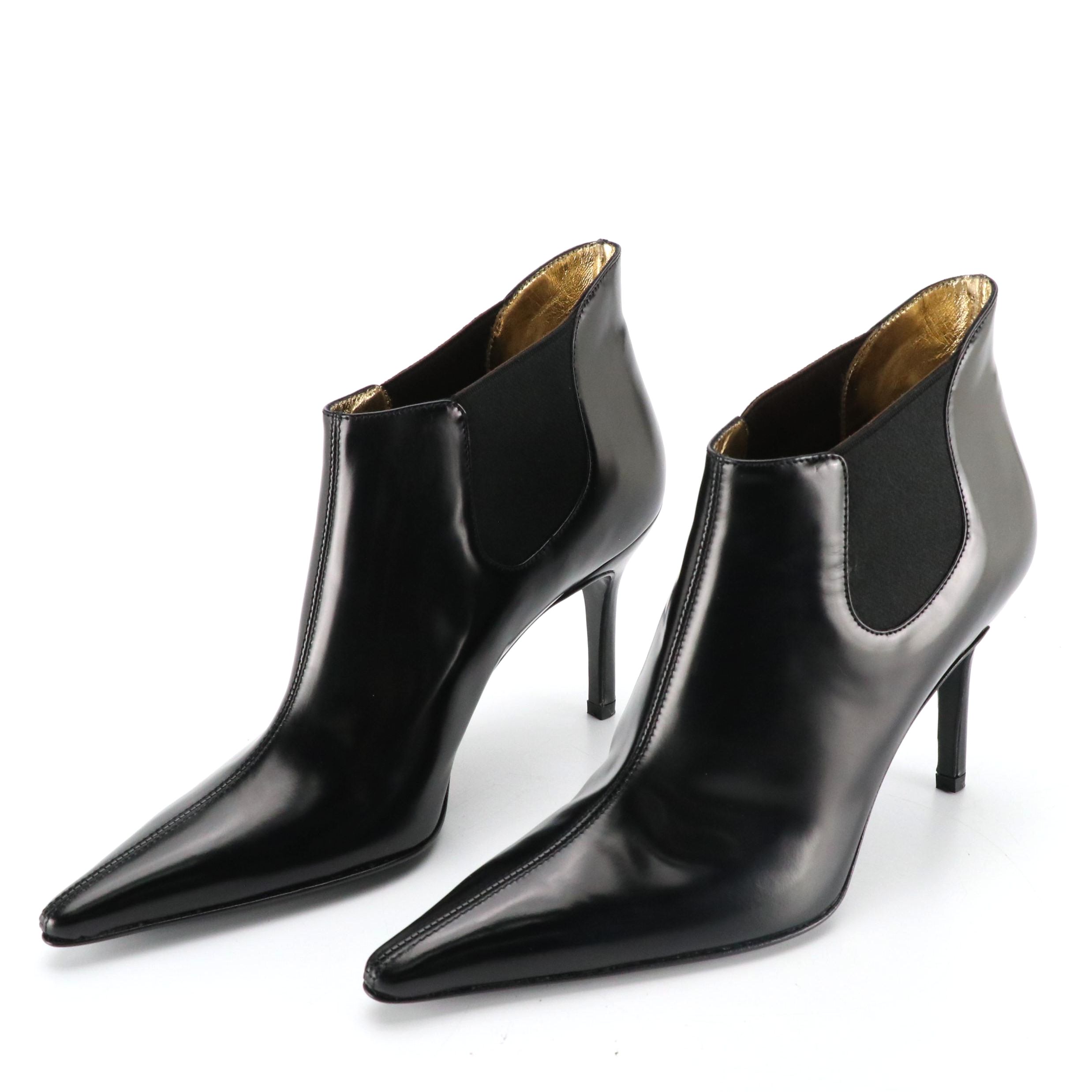 Dolce & Gabbana Pointed-Toe Stiletto Ankle Boots in Black Calf Leather, With Box