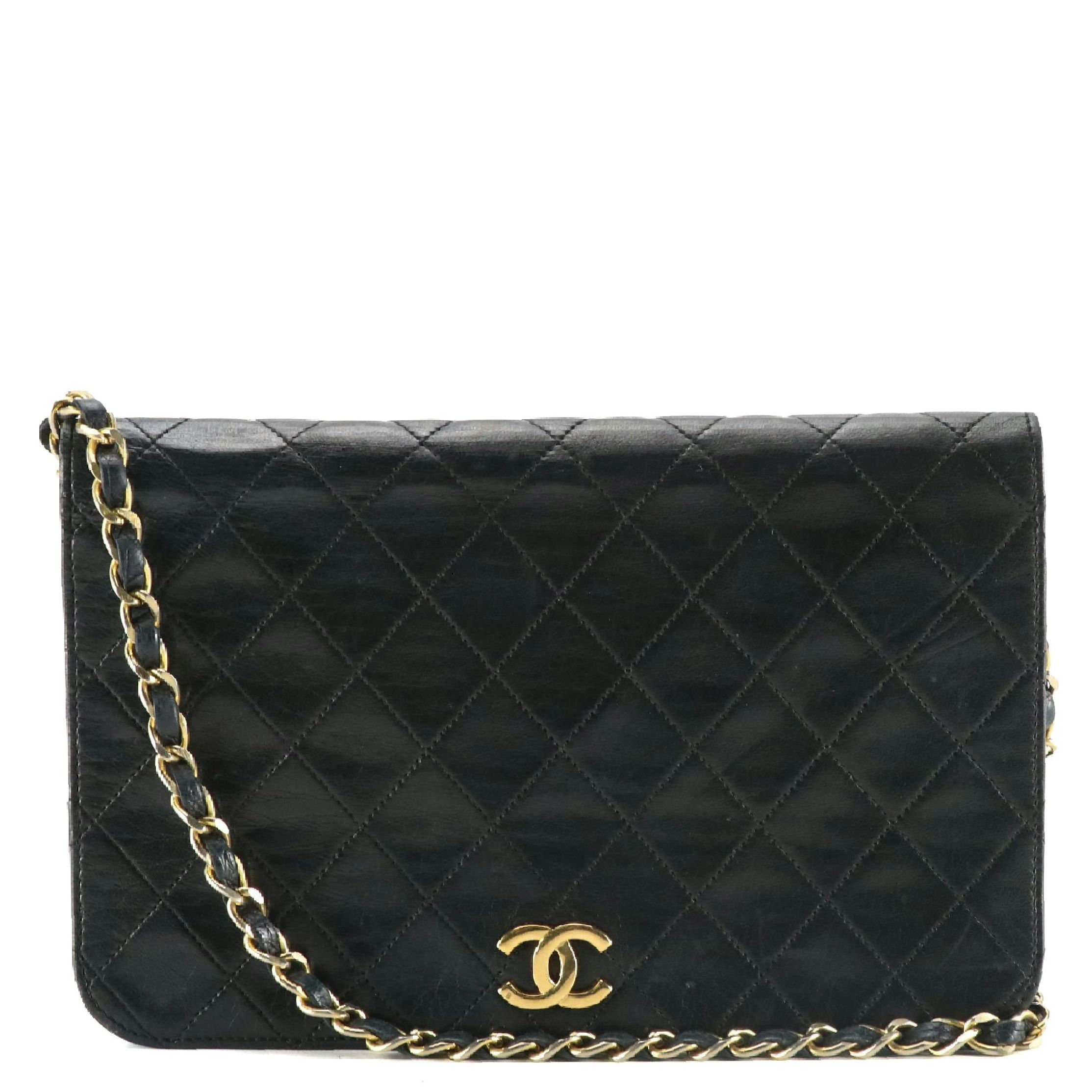Chanel Single Full Flap Chain Link Shoulder Bag in Black Lambskin Leather