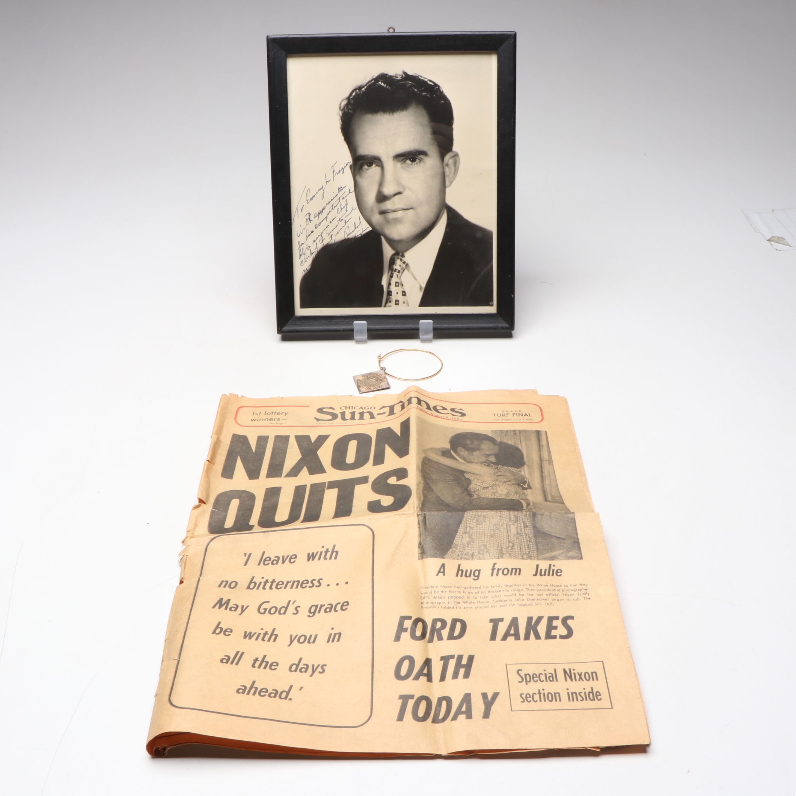 Richard Nixon Signed Photograph with Inaugural Ball Bracelet and Newspaper