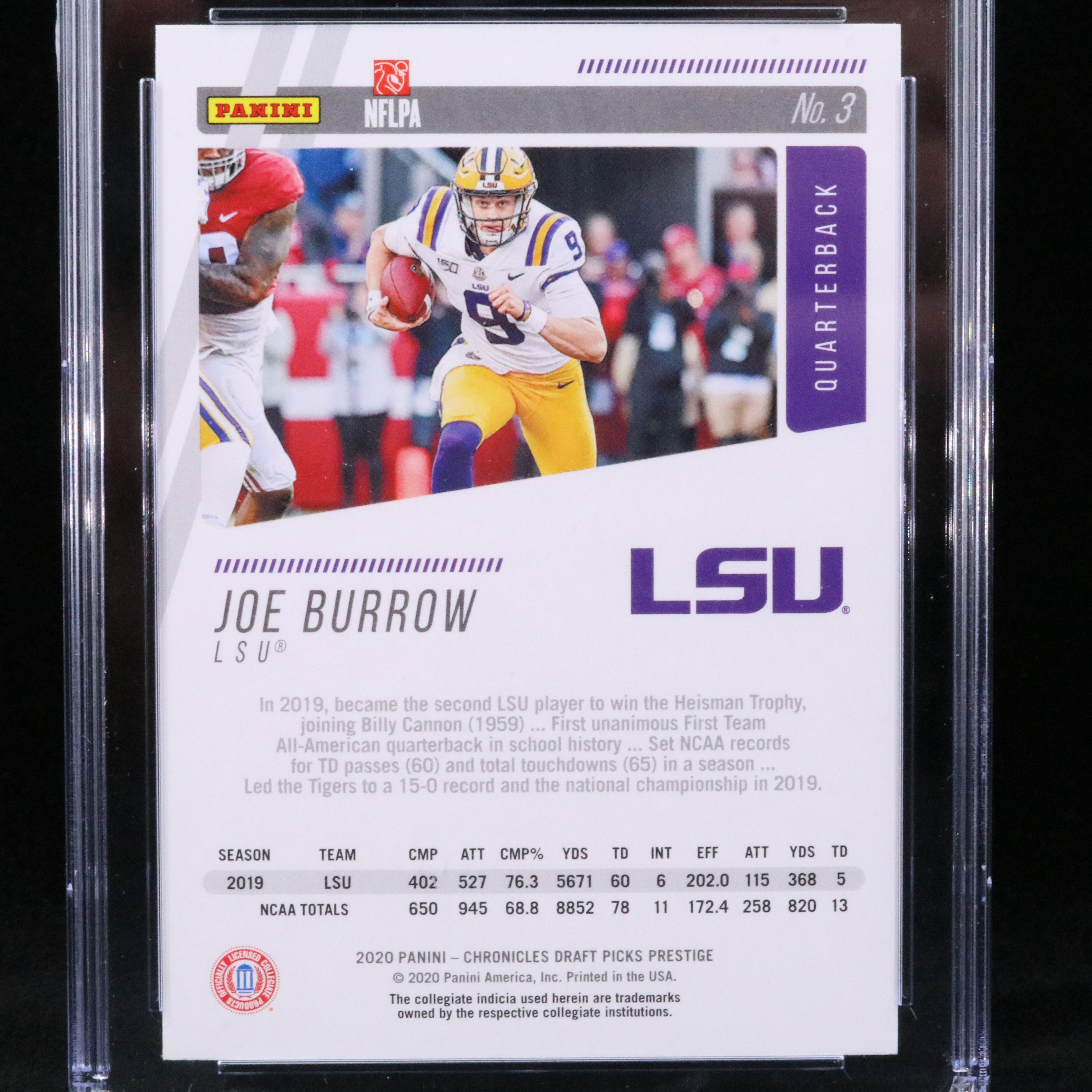 2020 Chronicles Draft Picks Joe Burrow Prestige Rookie Card Graded CSG 10