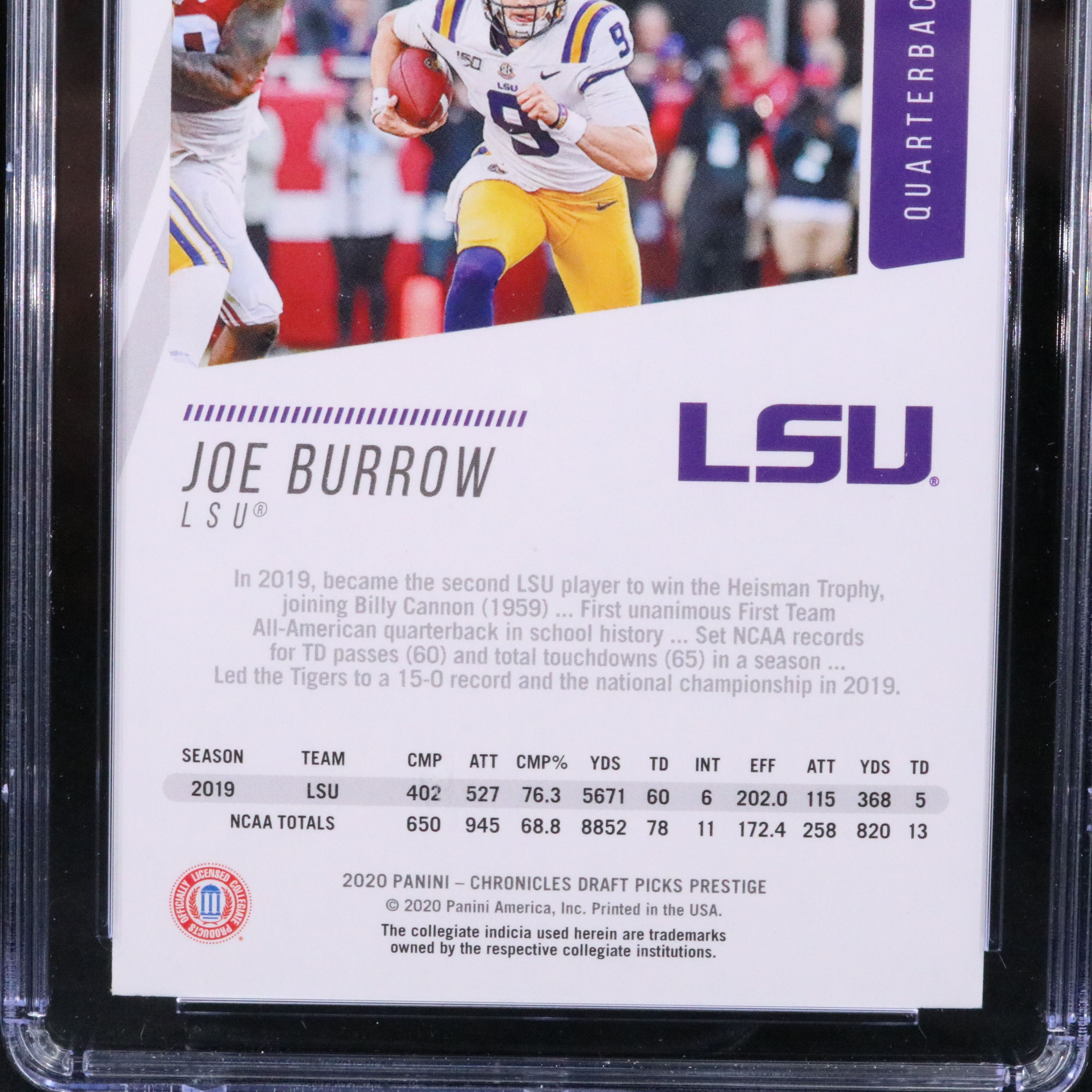2020 Chronicles Draft Picks Joe Burrow Prestige Rookie Card Graded CSG 10