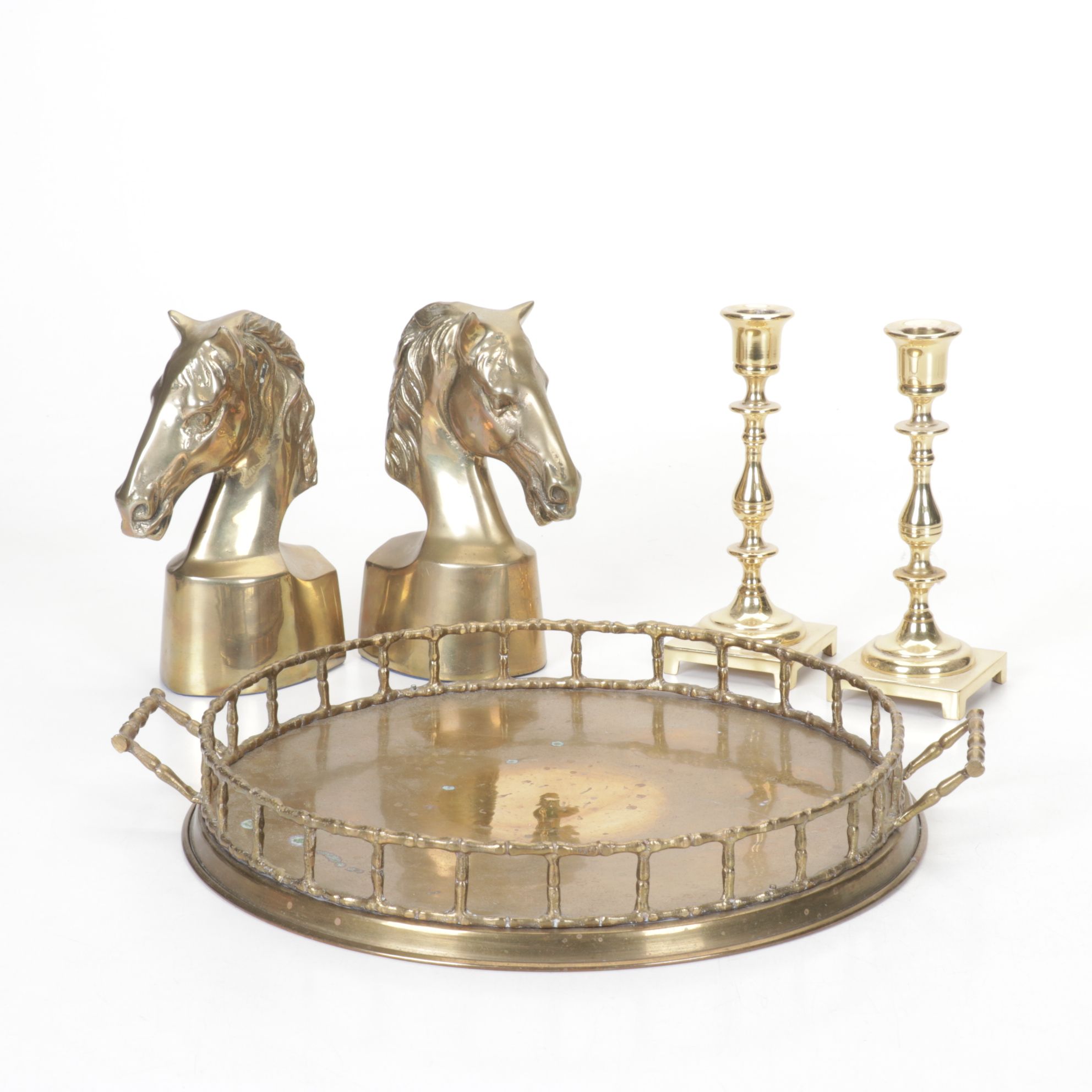 Brass Horse Head Bookends, Candlesticks, and Serving Tray