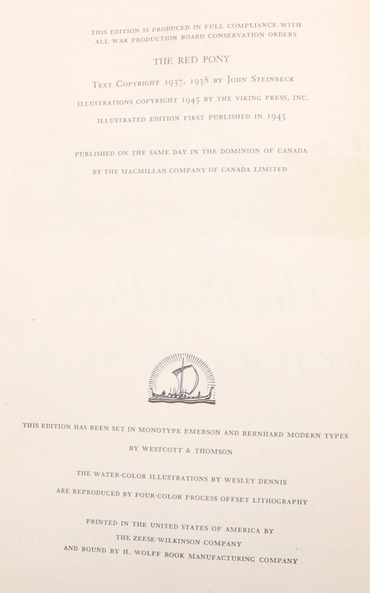 First Illustrated Edition "The Red Pony" by John Steinbeck, 1945
