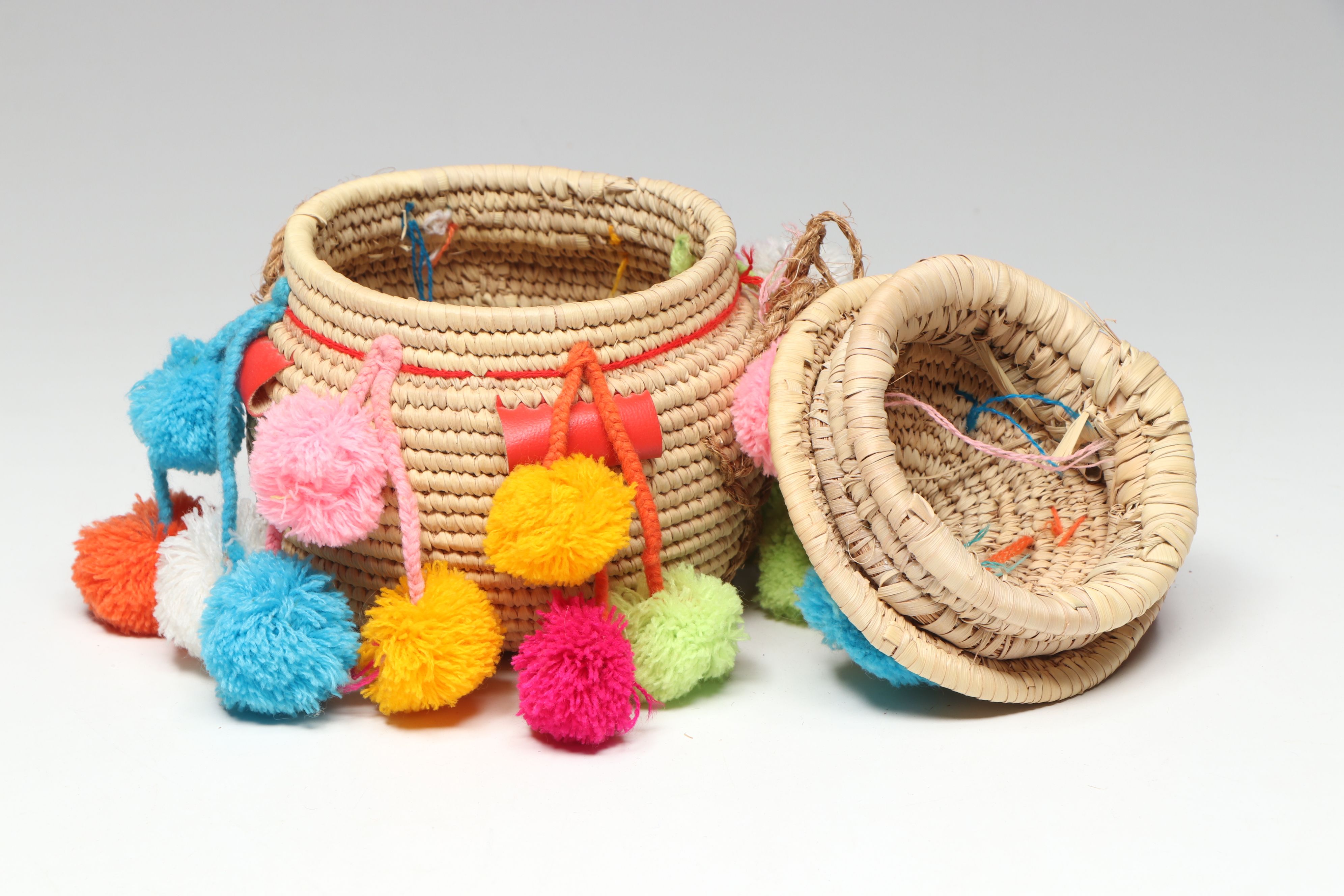 Egyptian Grass and Palm with Cotton Pom-Poms Lidded Baskets