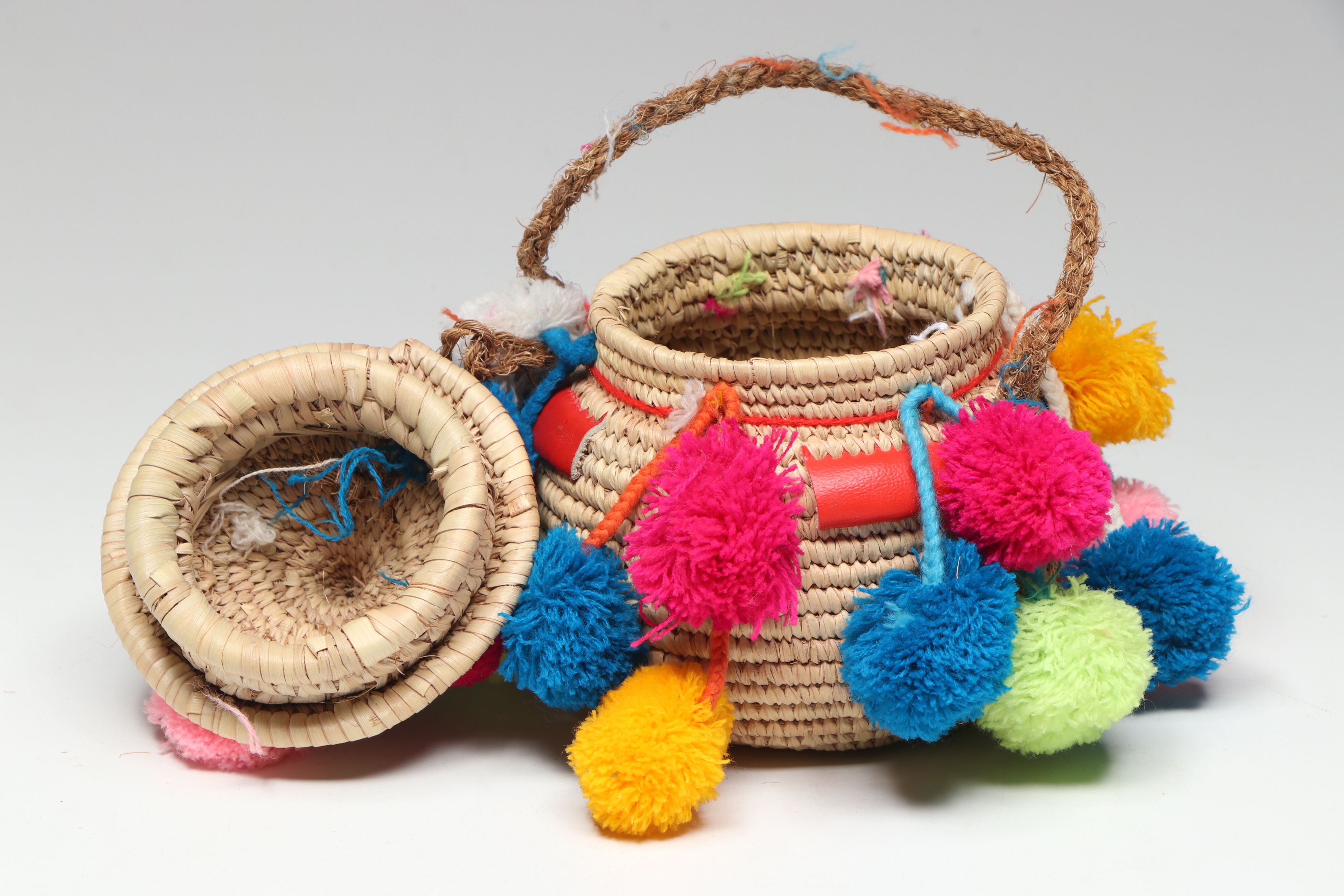 Egyptian Grass and Palm with Cotton Pom-Poms Lidded Baskets
