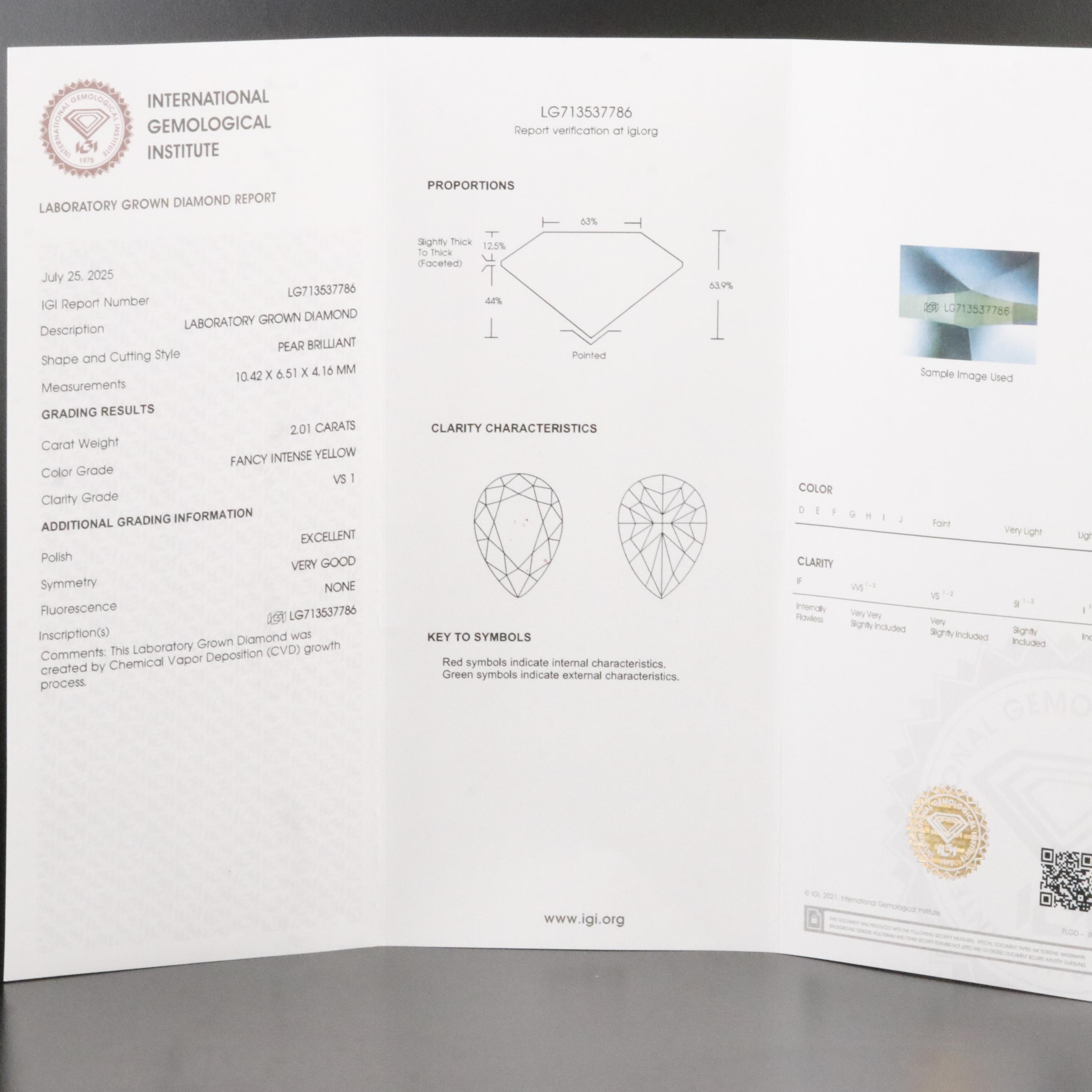 Loose 2.01 CT Lab Grown Fancy Yellow Diamond with IGI Report