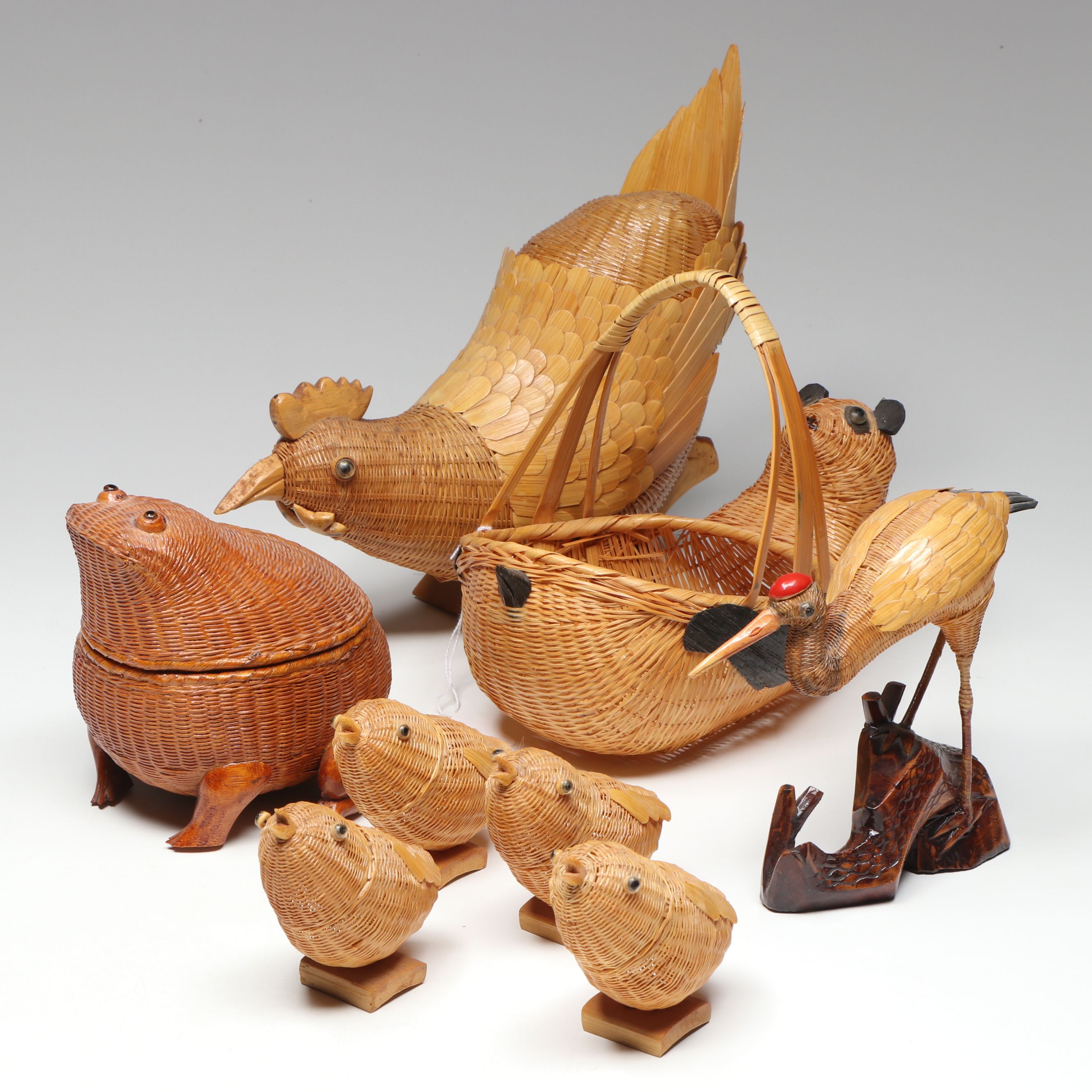 Chinese Animal Form Baskets and Bamboo Crane