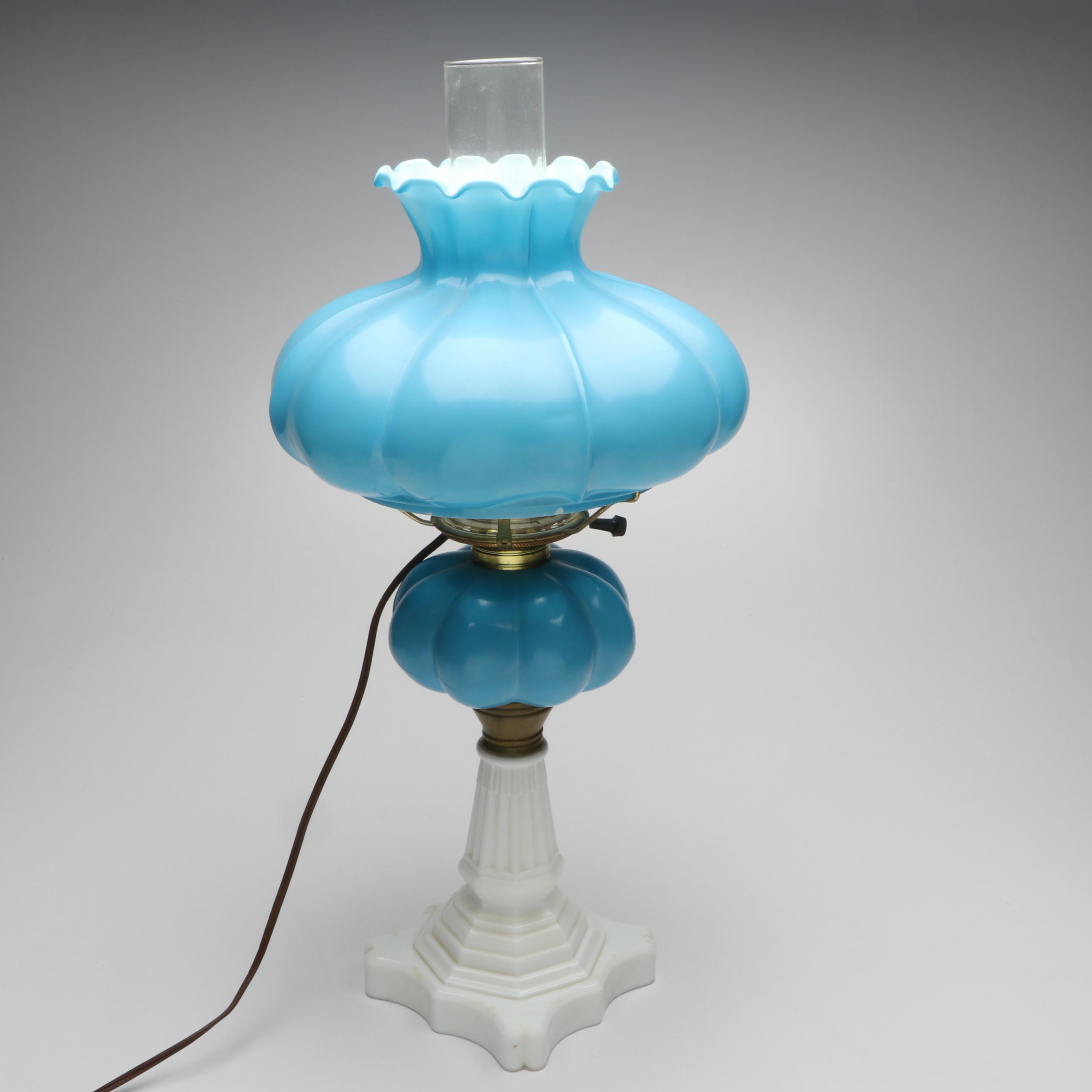 Fenton Victorian Style Blue Melon Lamp, Vintage