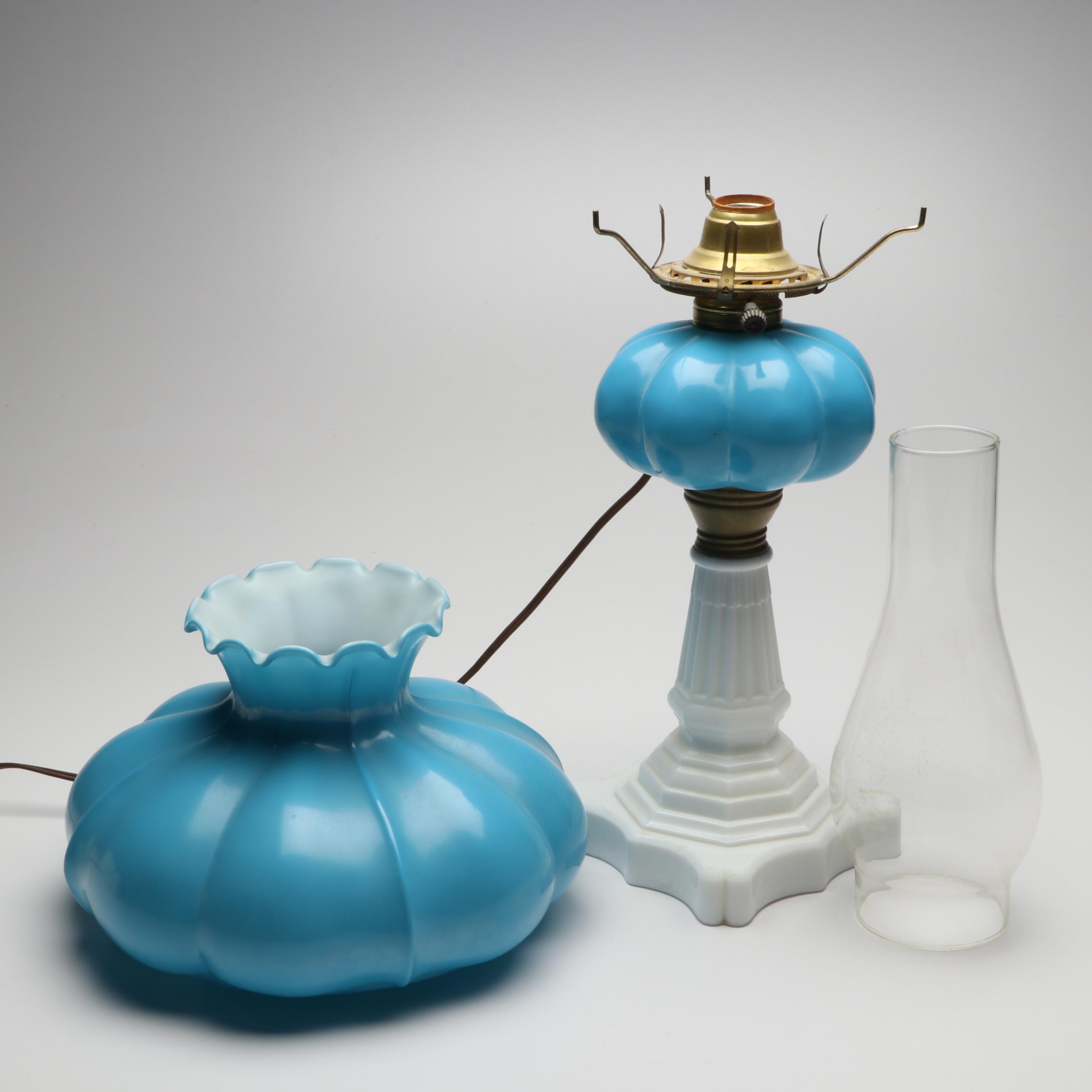 Fenton Victorian Style Blue Melon Lamp, Vintage