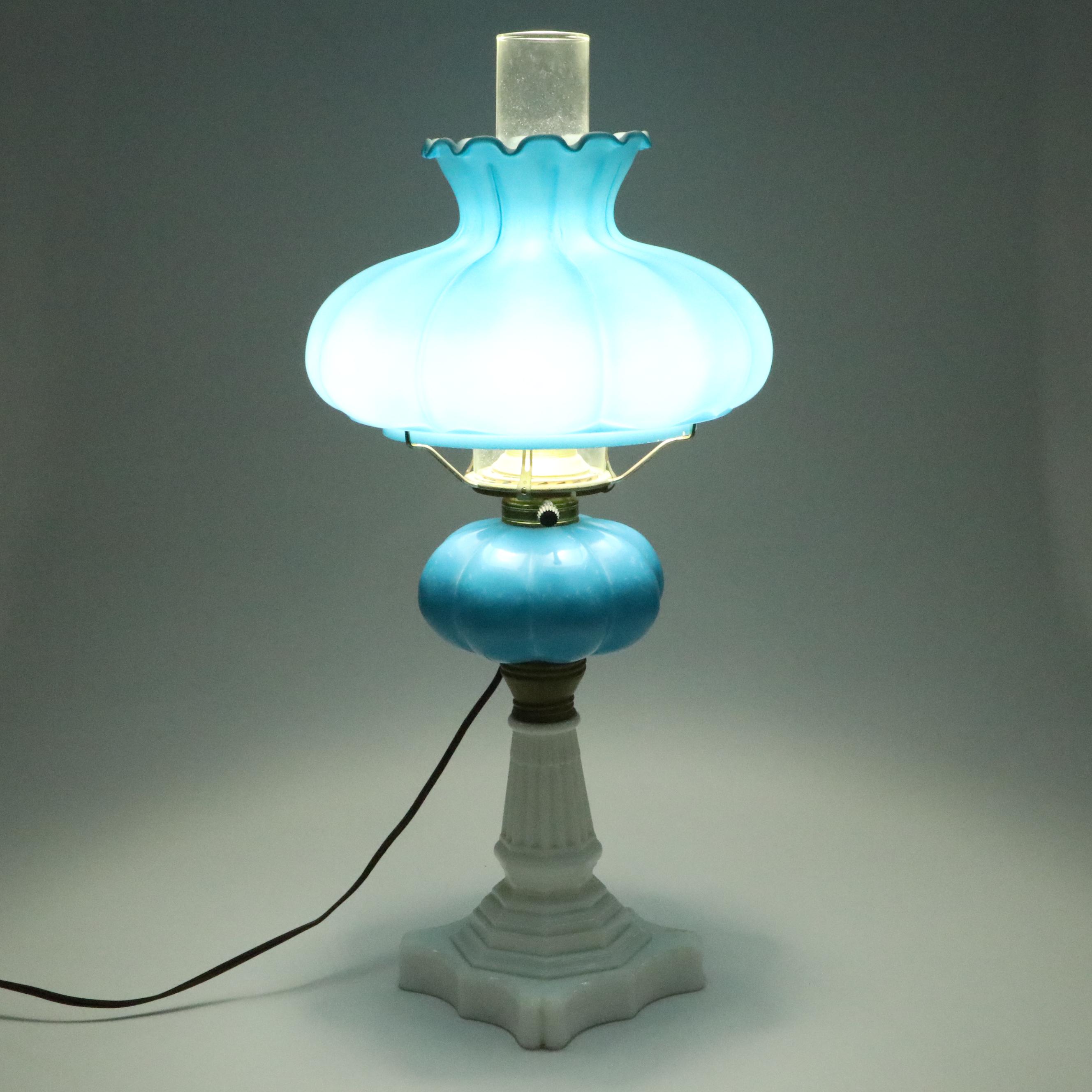 Fenton Victorian Style Blue Melon Lamp, Vintage