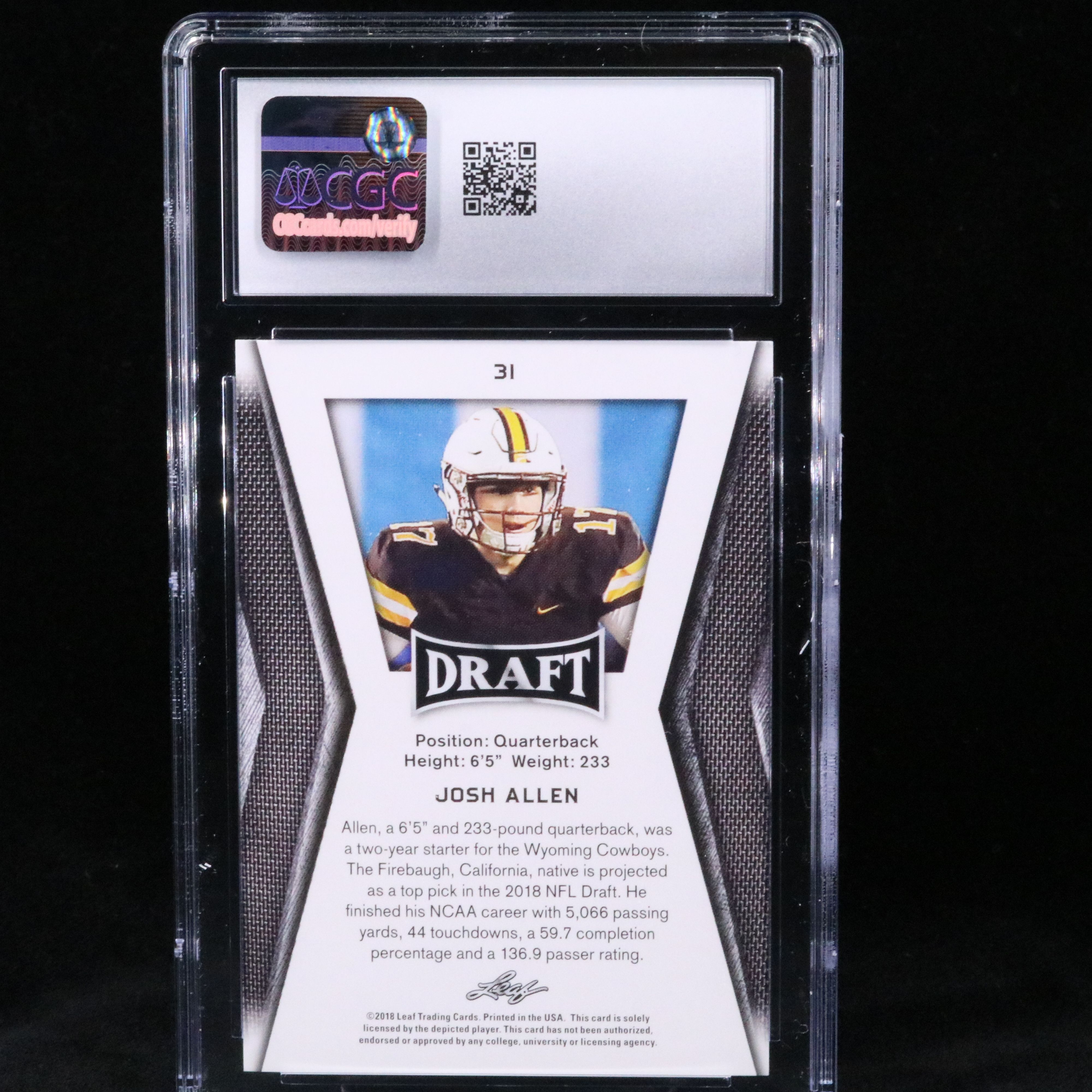 2018 Leaf Josh Allen Rookie Year Football Card Graded CGC 10