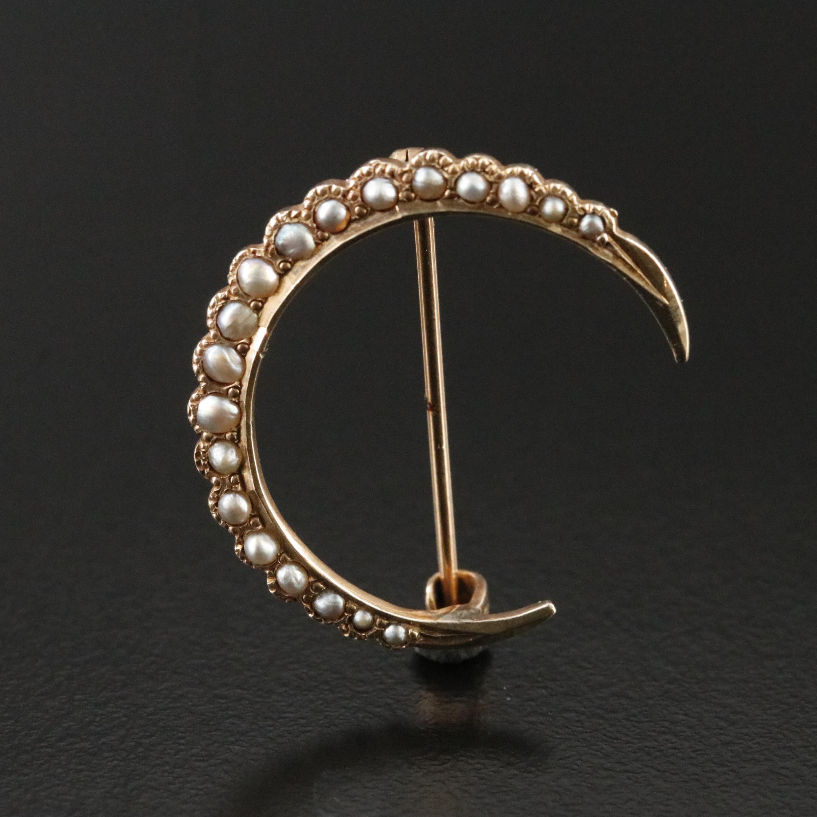 Antique 10K Seed Pearl Crescent Brooch