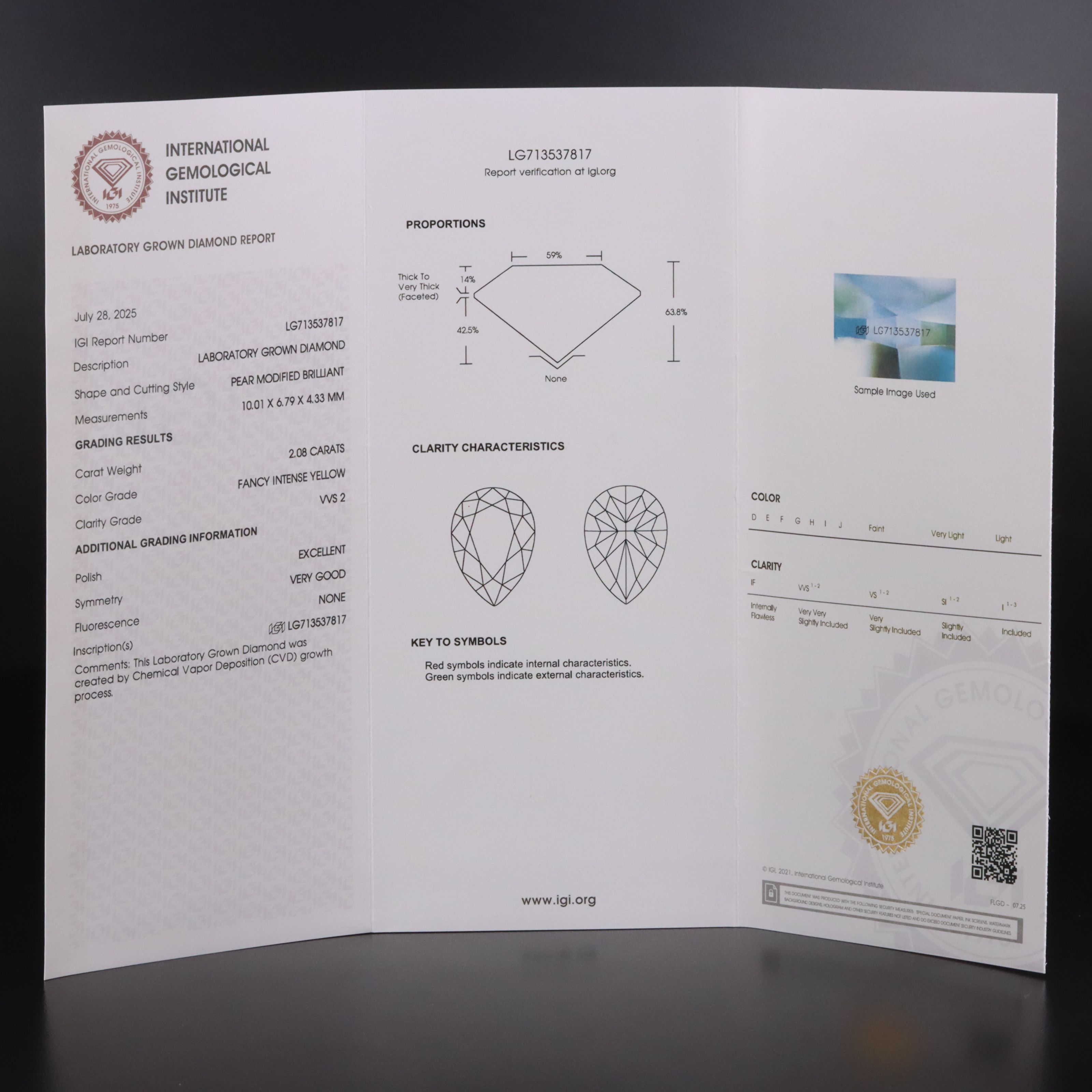 Loose 2.08 CT Lab Grown Fancy Yellow Diamond with IGI Report