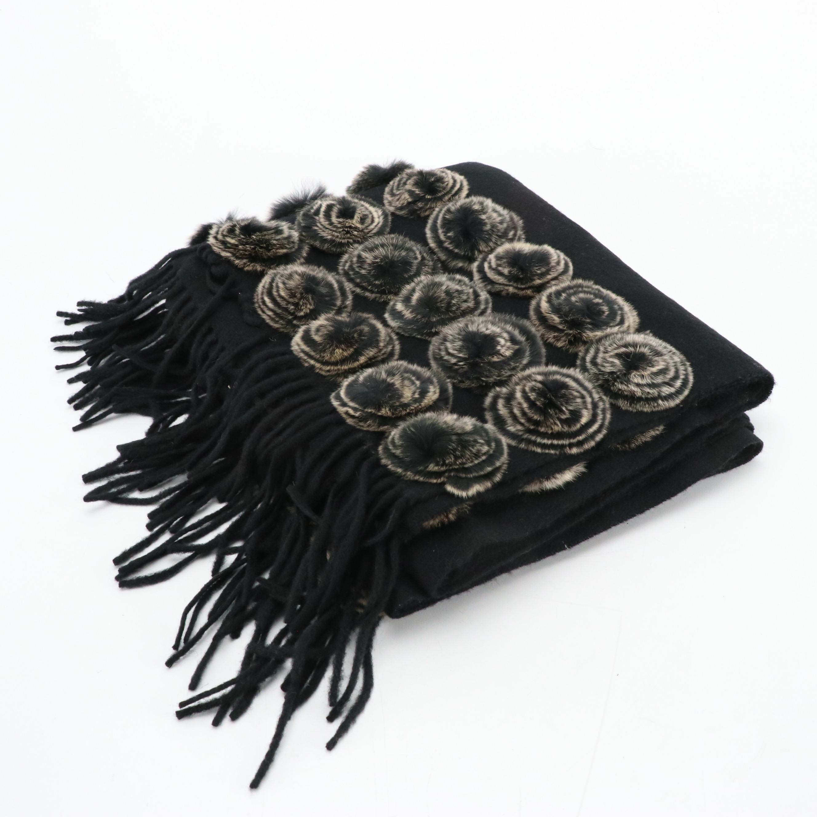 Cochni Black Cashmere Fringe Shawl with Rex Rabbit Fur Rosettes