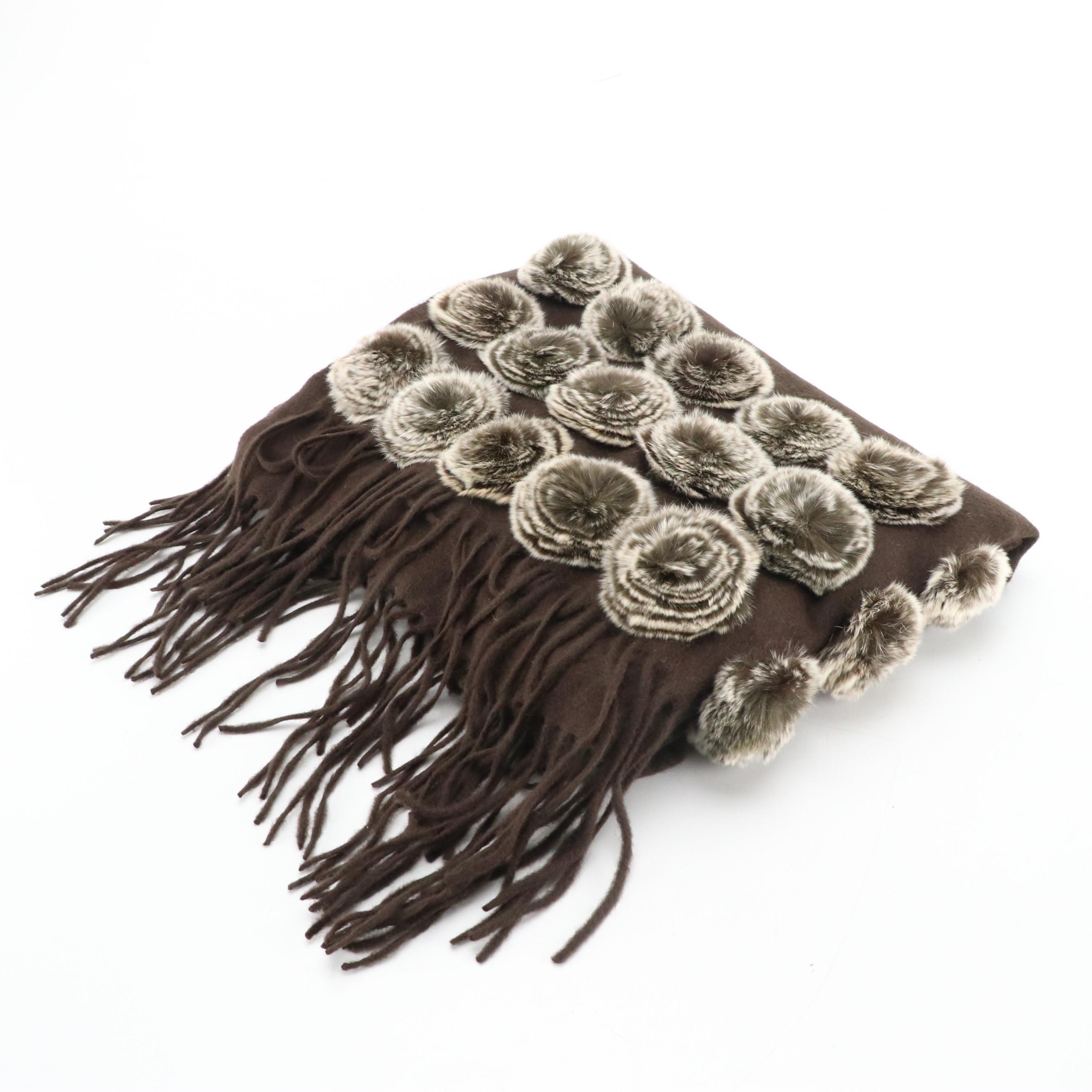 Cochni Dark Brown Cashmere Fringe Shawl with Rex Rabbit Fur Rosettes