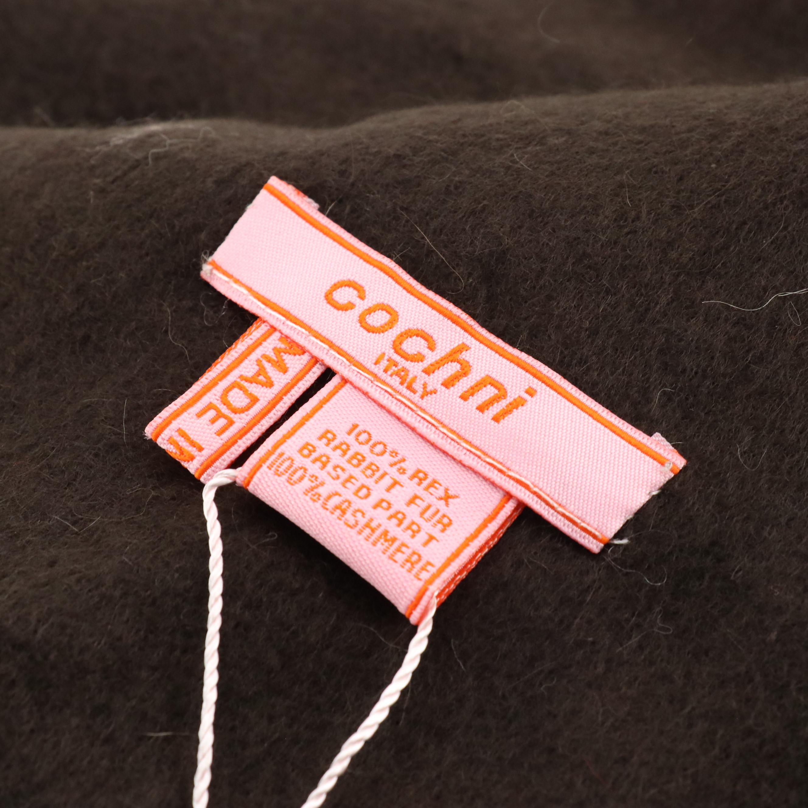 Cochni Dark Brown Cashmere Fringe Shawl with Rex Rabbit Fur Rosettes