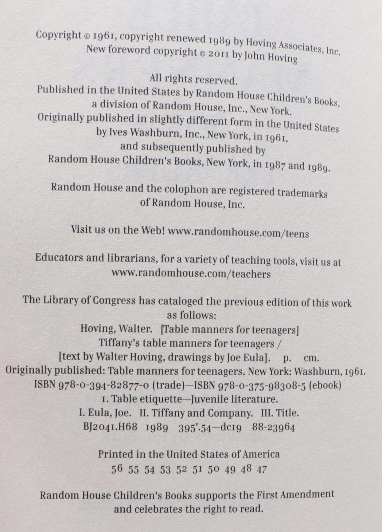 50th Anniversary Edition "Tiffany's Table Manners for Teenagers" by W. Hoving