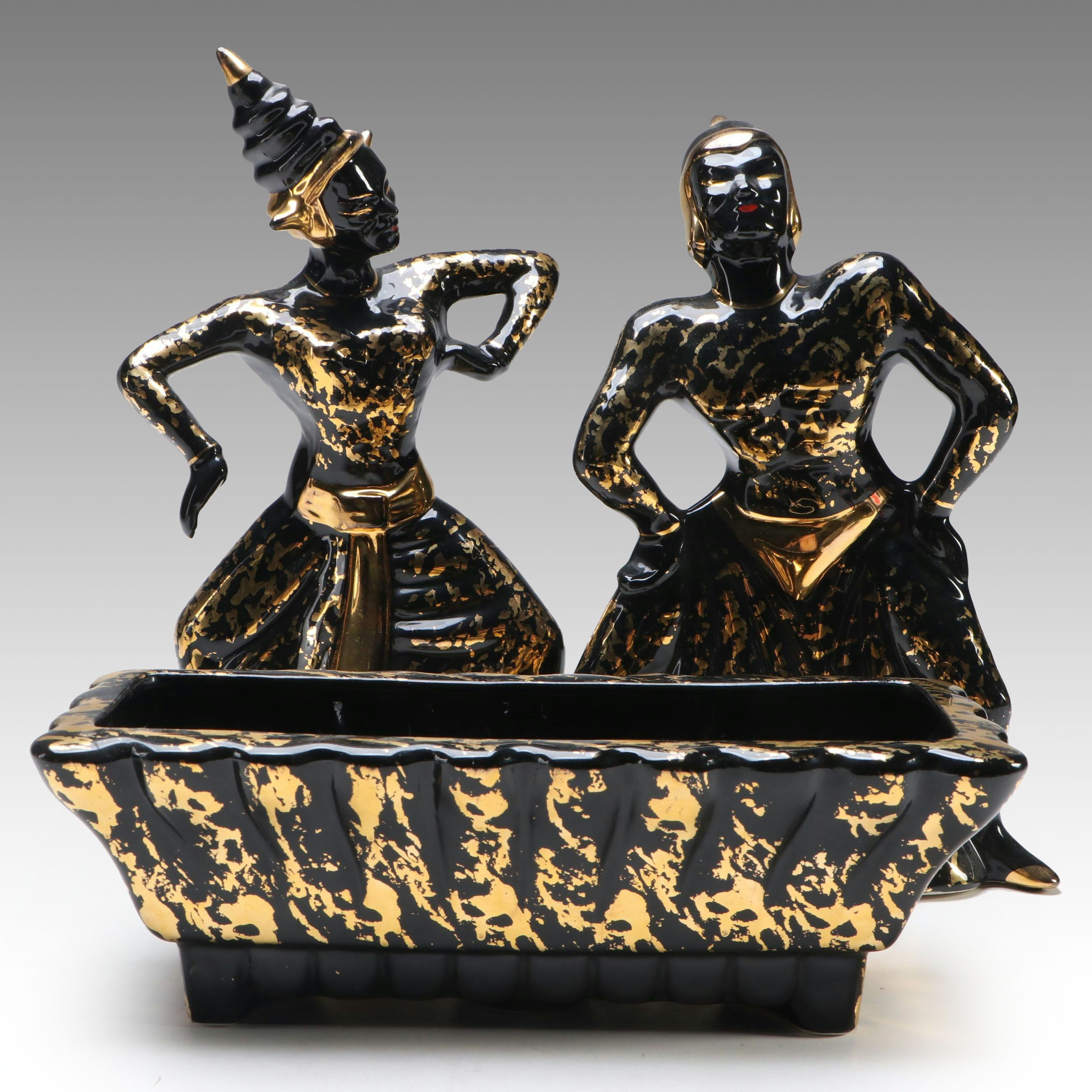 Mid Century Modern Ceramic Thai Dancers and Box Planter