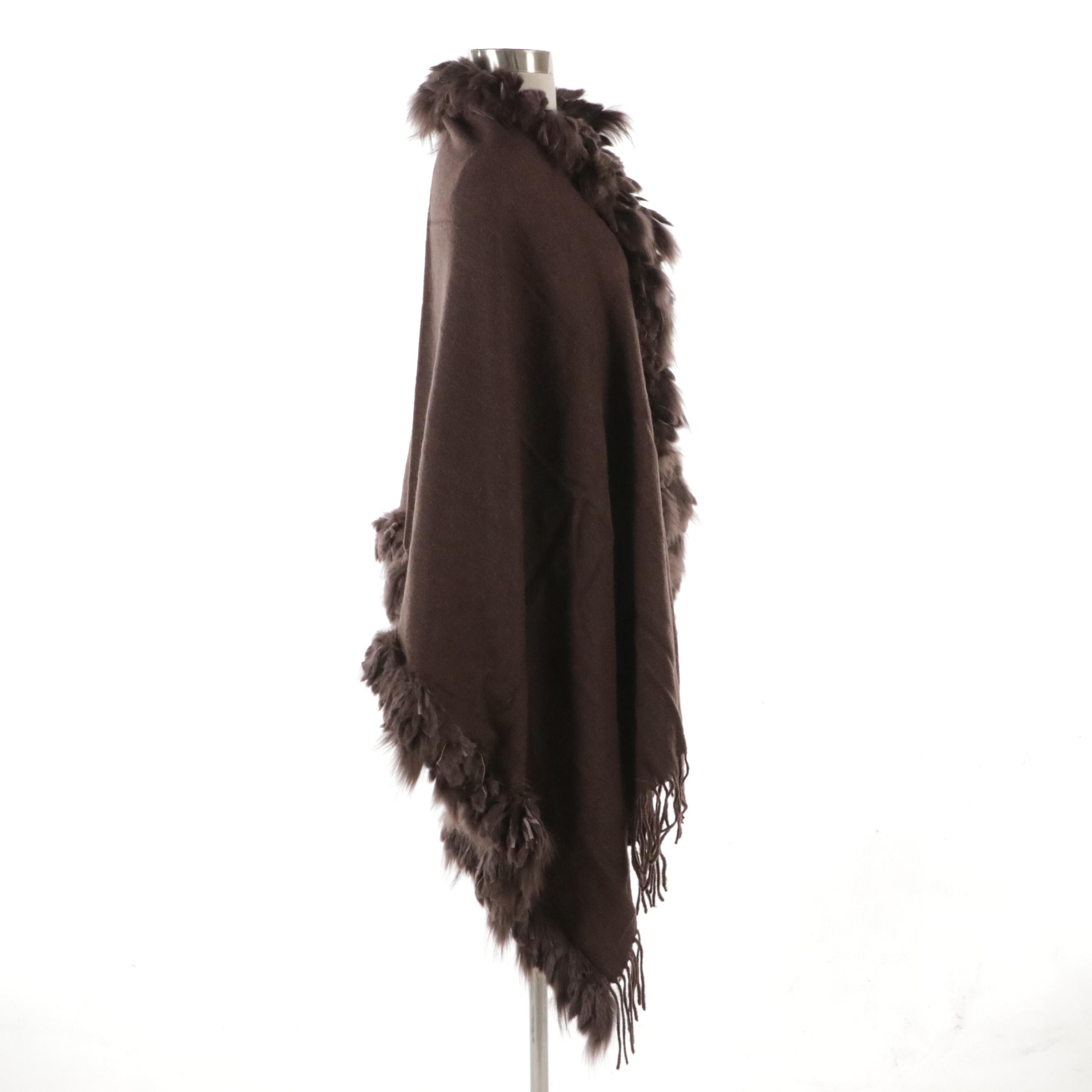 Cochni Brown Rabbit Fur, Wool and Cashmere Fringe Scarf Shawl