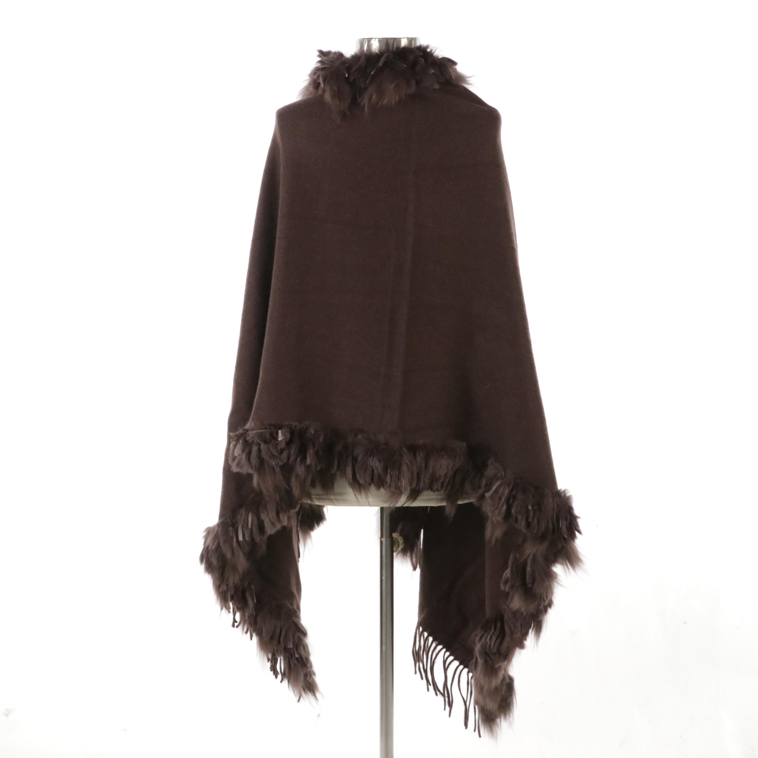 Cochni Brown Rabbit Fur, Wool and Cashmere Fringe Scarf Shawl